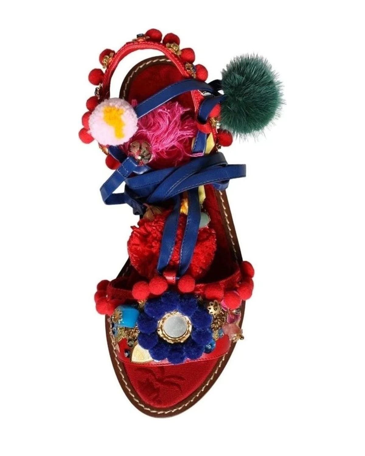 Dolce & Gabbana Multicolor Pom Pom Fur Wrap Sandals Shoes Sandals