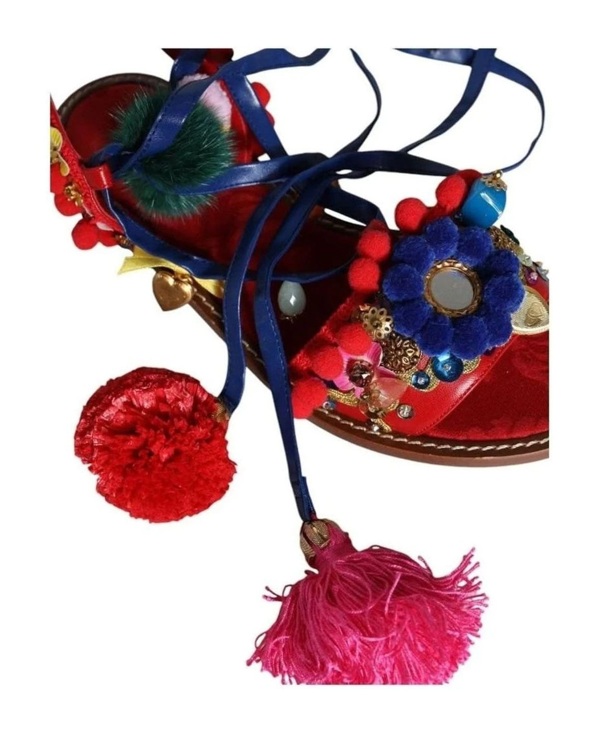 Dolce & Gabbana Multicolor Pom Pom Fur Wrap Sandals Shoes Sandals