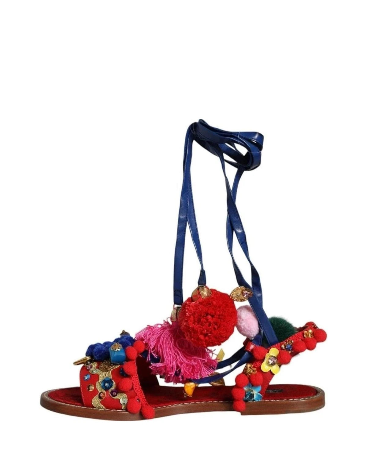 Dolce & Gabbana Multicolor Pom Pom Fur Wrap Sandals Shoes Sandals
