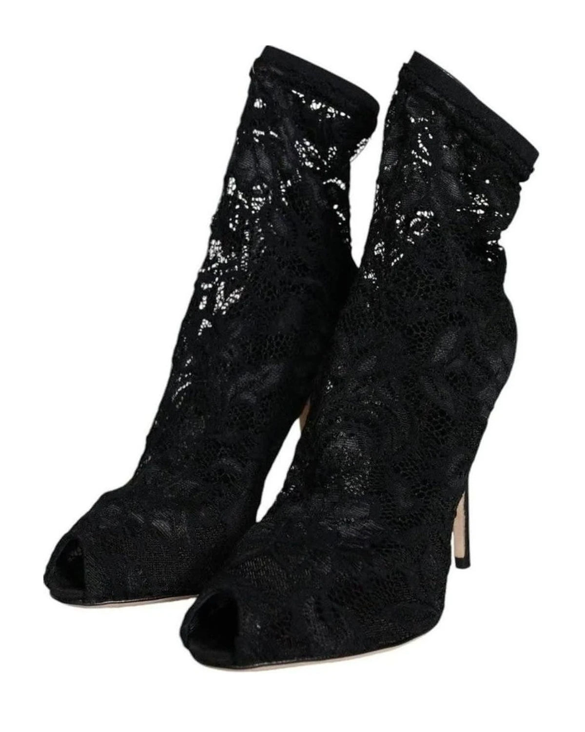 Dolce & Gabbana Black Lace Stretch Heels Mid Calf Boot Shoes Boots