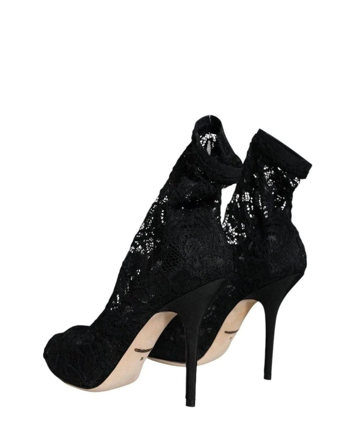 Dolce & Gabbana Black Lace Stretch Heels Mid Calf Boot Shoes Boots