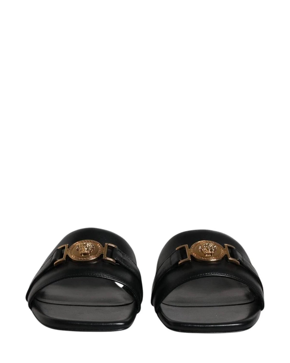 Versace Leather Black Logo Plaque Slip On Slides Flats Shoes Heels
