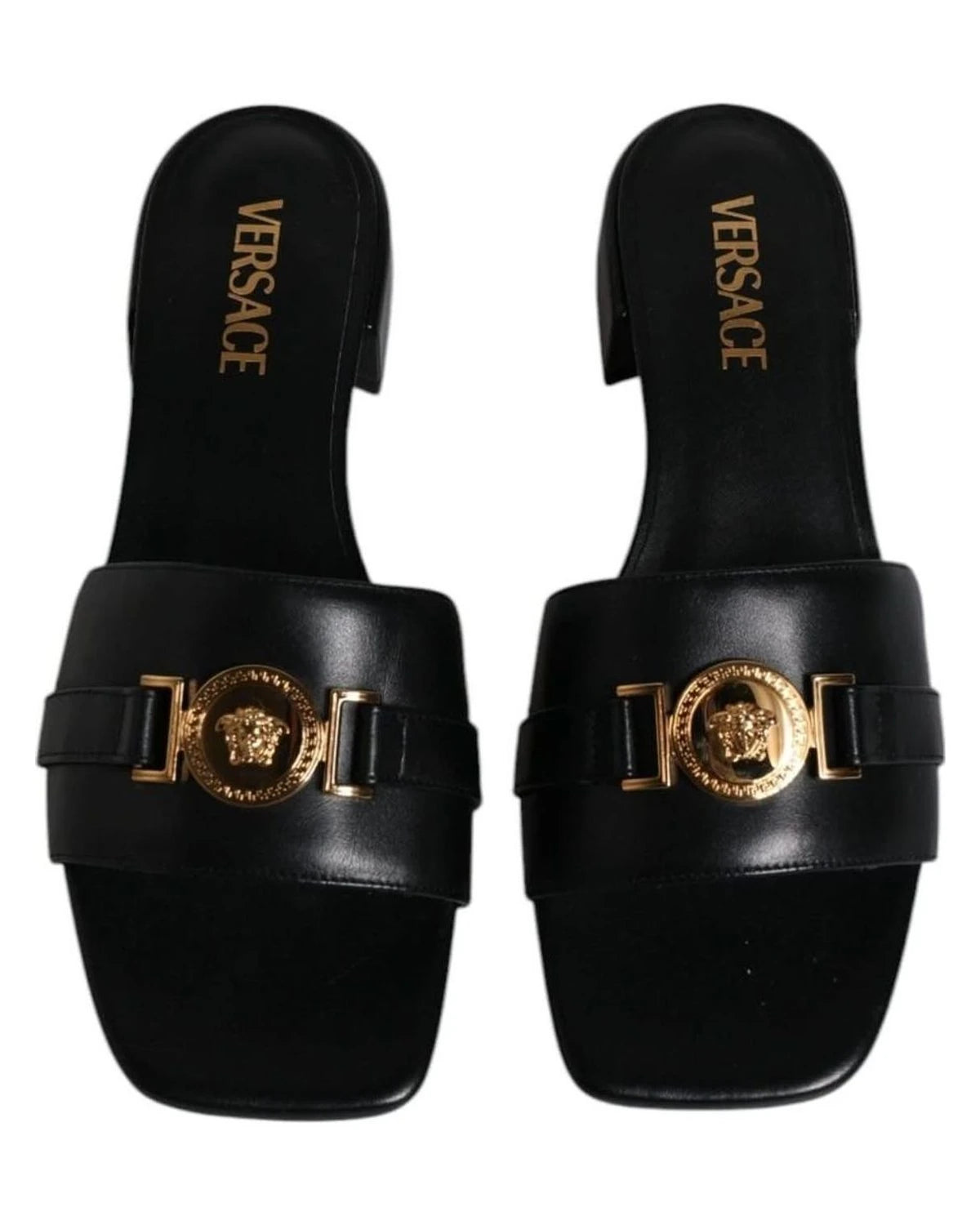 Versace Leather Black Logo Plaque Slip On Slides Flats Shoes Heels