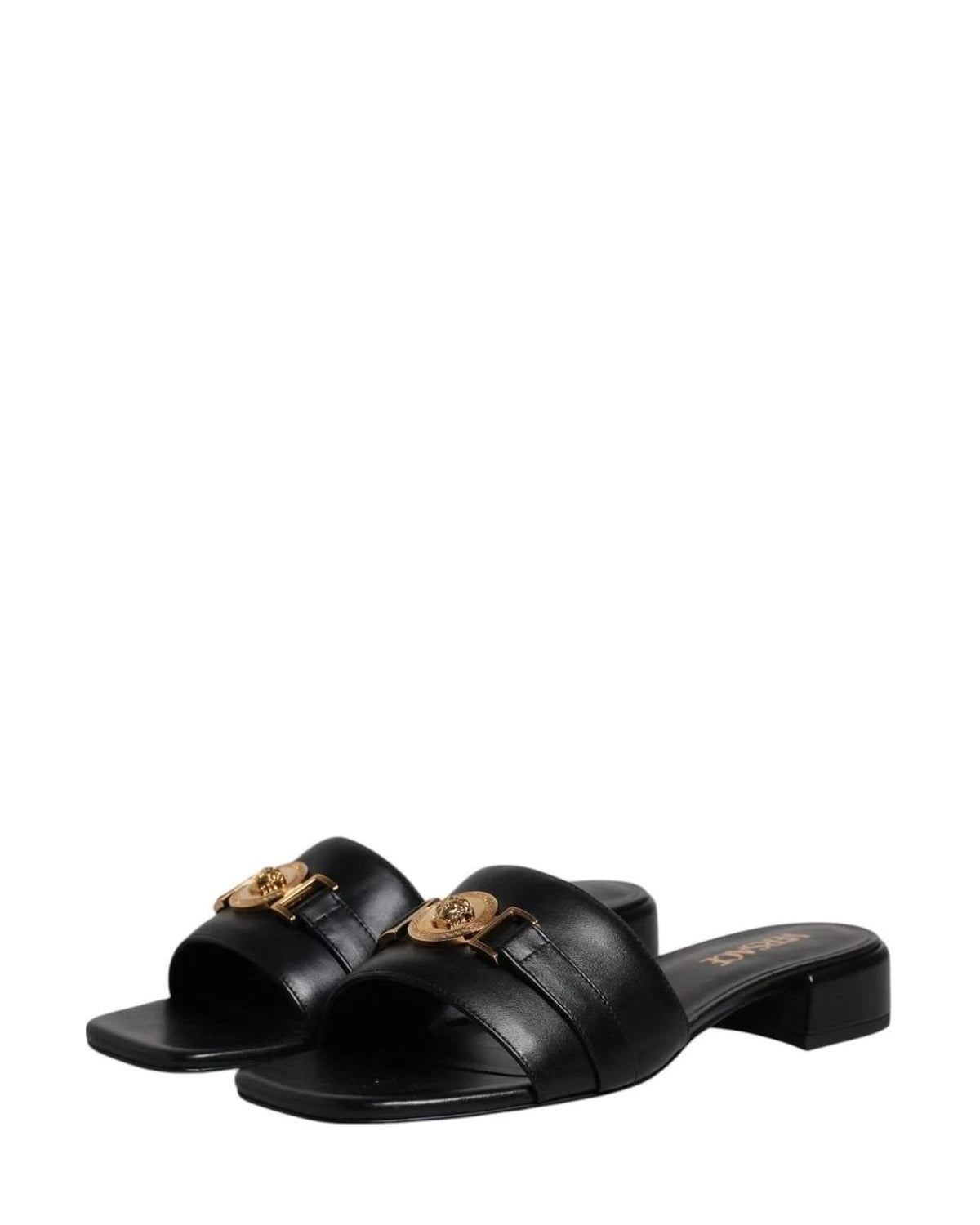 Versace Leather Black Logo Plaque Slip On Slides Flats Shoes Heels