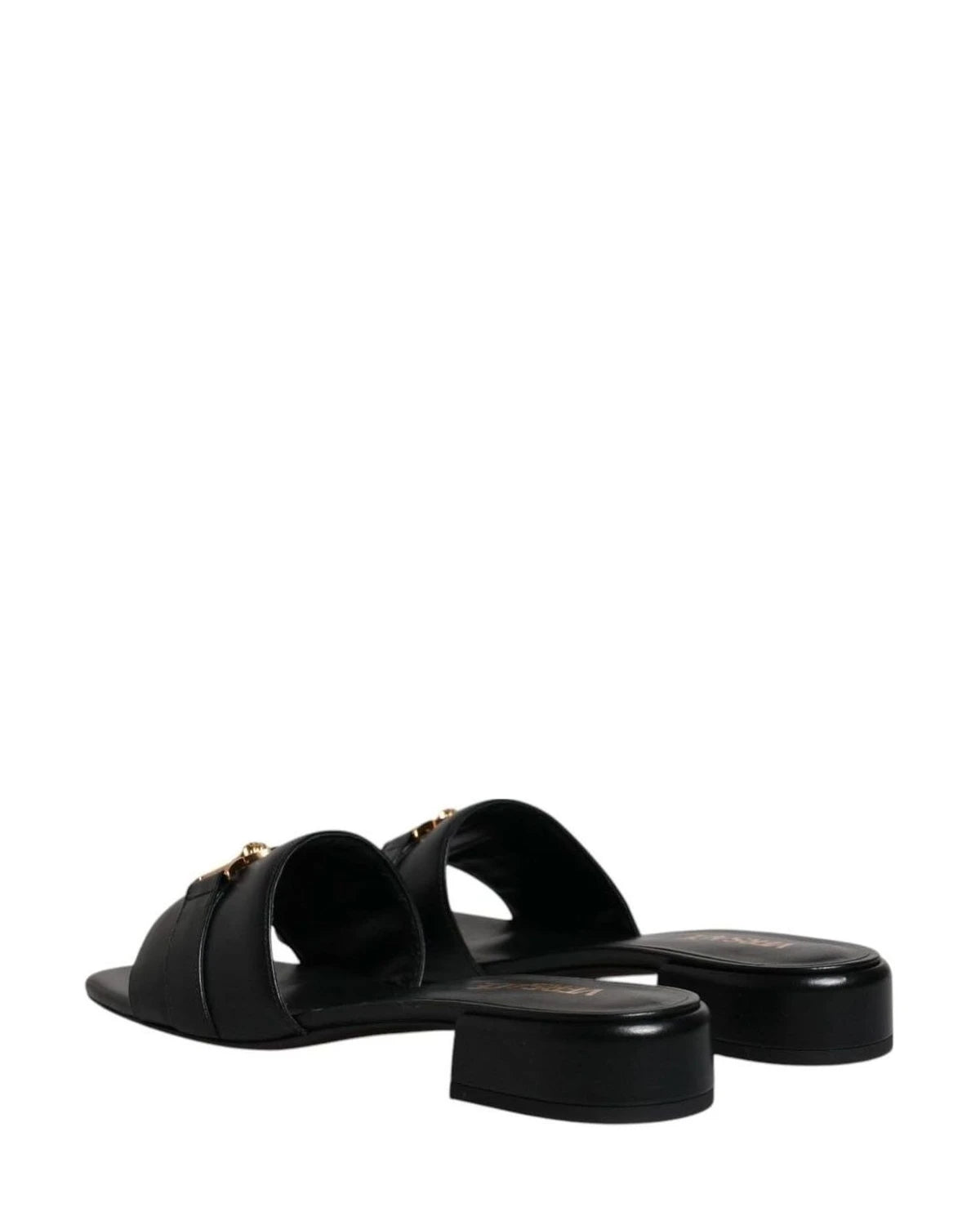 Versace Leather Black Logo Plaque Slip On Slides Flats Shoes Heels