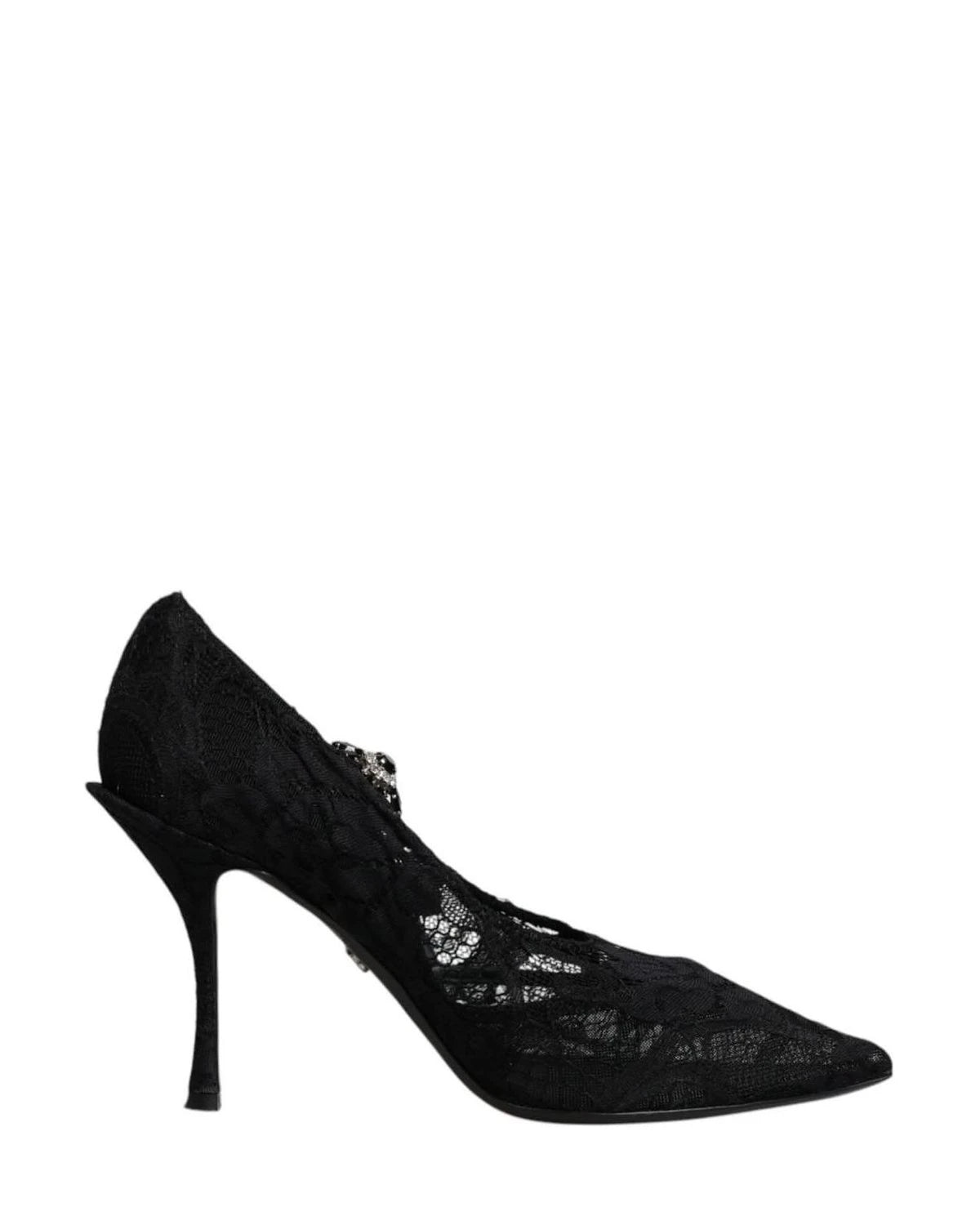 Dolce & Gabbana Black Lace Crystals Mary Jane Pumps Shoes Heels