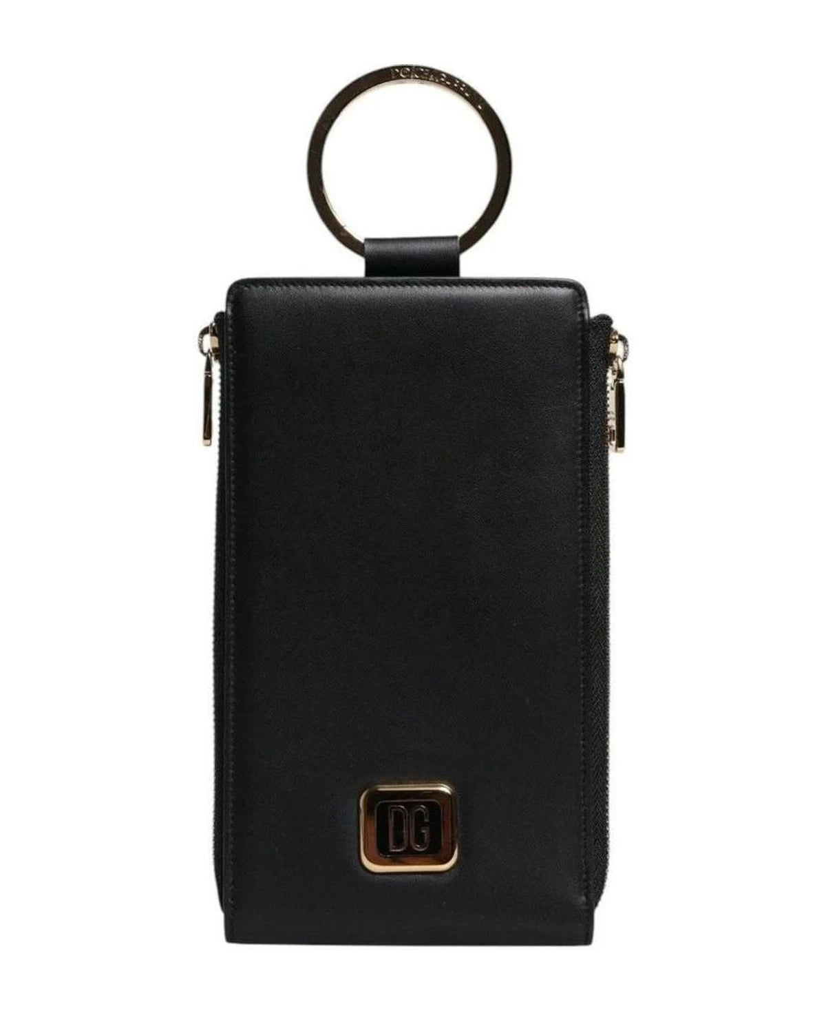 Dolce & Gabbana Black Leather Logo Plaque Neck Strap Card Coin Wallet Wallets