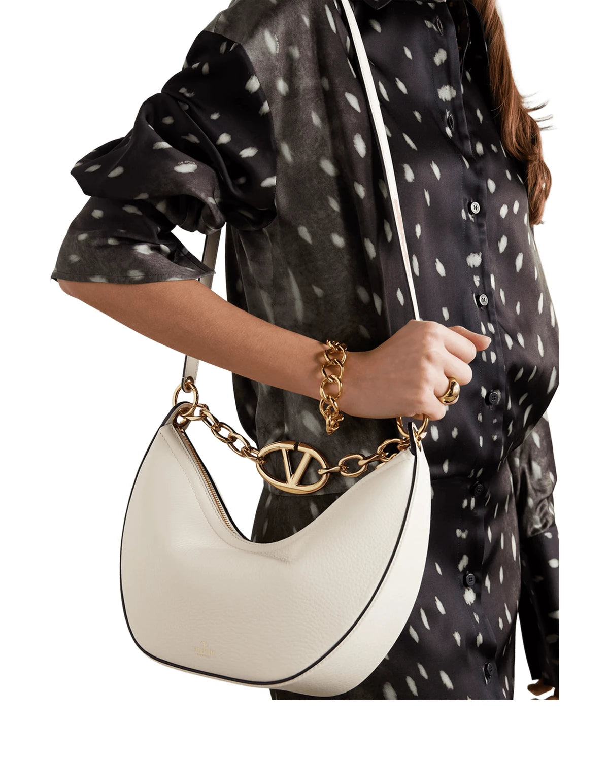 Valentino Garavani Ivory Leather Small Hobo Vlogo Shoulder Bag Shoulder Bags