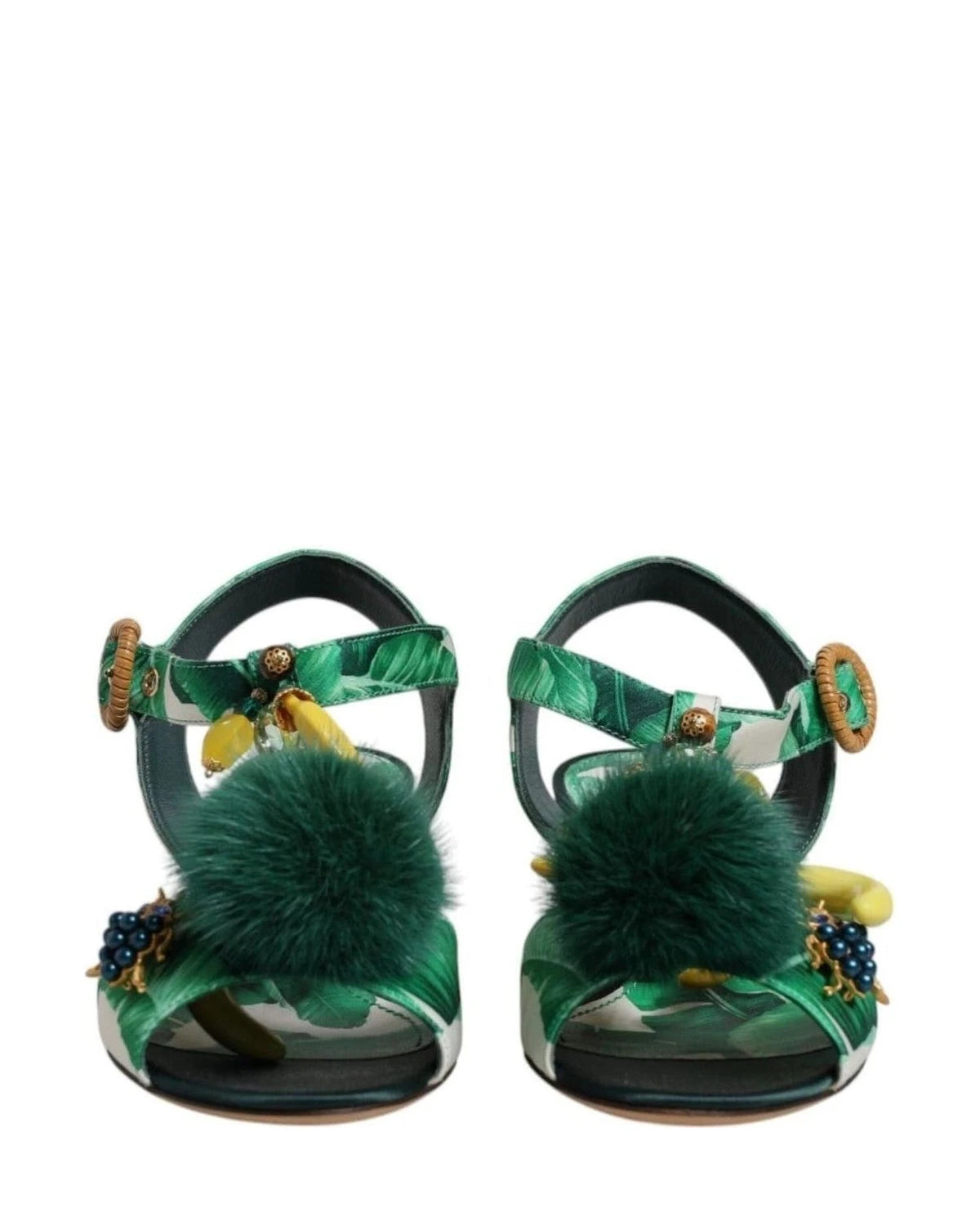 Dolce & Gabbana Crystal Fur Embellished Sandals Green Shoes Heels