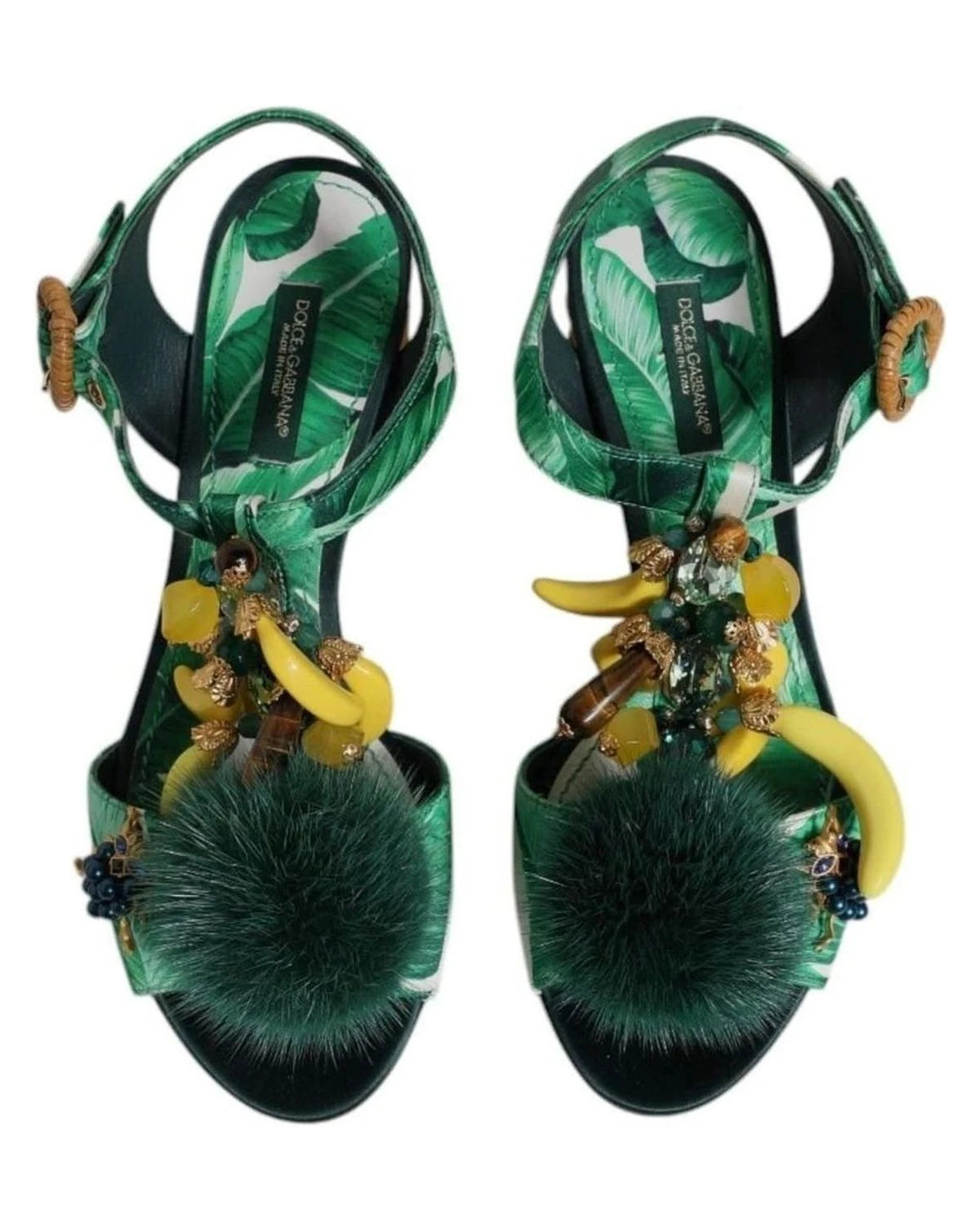 Dolce & Gabbana Crystal Fur Embellished Sandals Green Shoes Heels