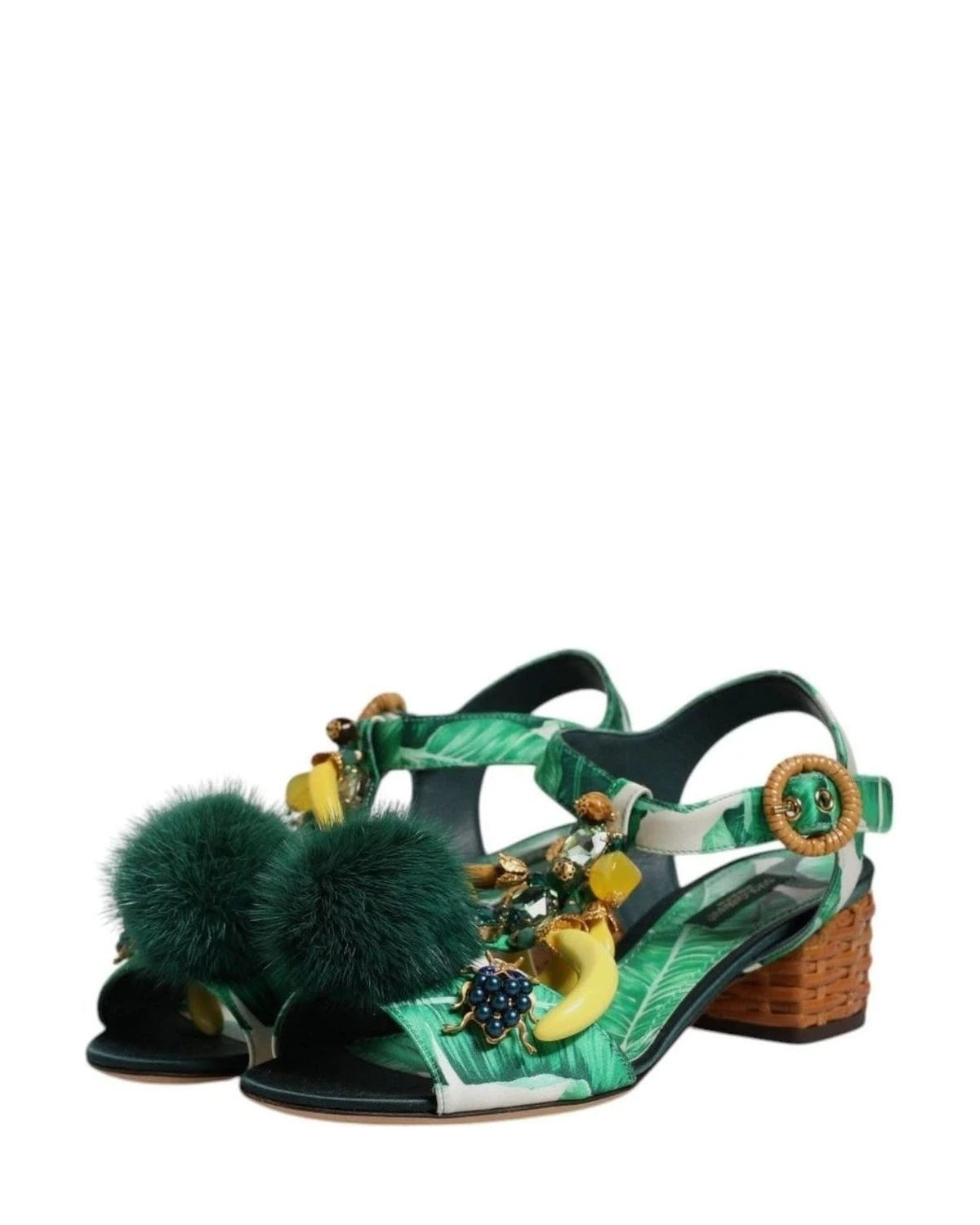 Dolce & Gabbana Crystal Fur Embellished Sandals Green Shoes Heels
