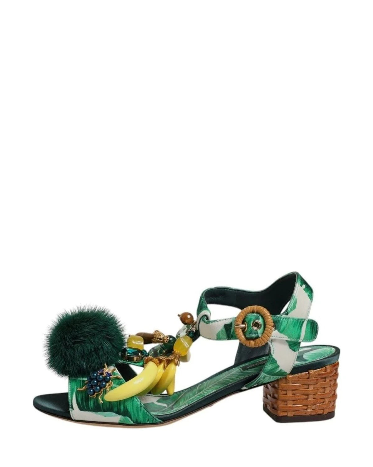 Dolce & Gabbana Crystal Fur Embellished Sandals Green Shoes Heels