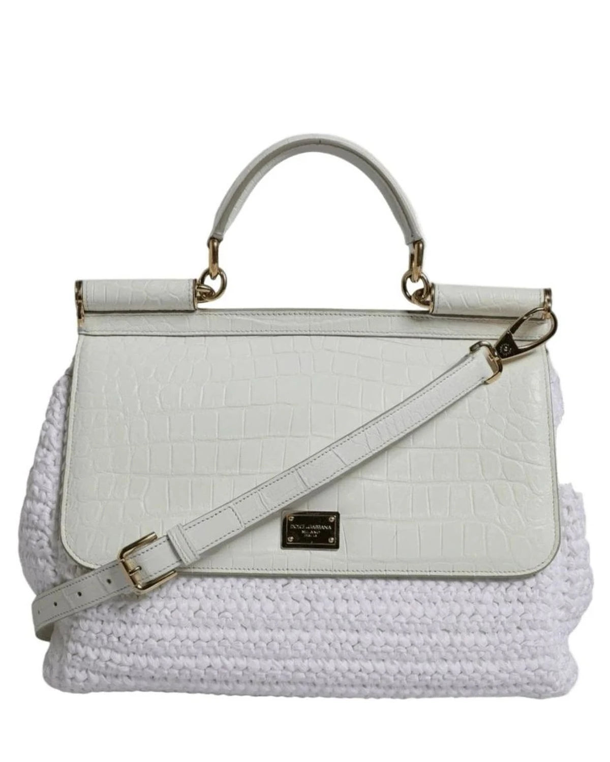Dolce & Gabbana White Leather Rafia Top Handle Crossbody Bag Cross Body Bags