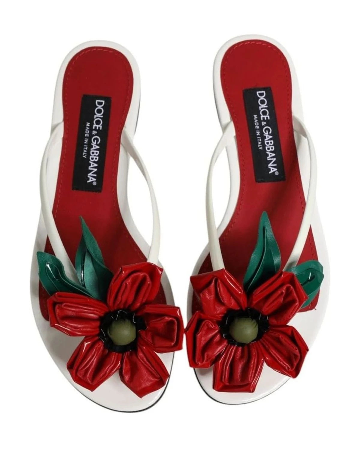Dolce & Gabbana White Leather Red Keira Flower Sandals Shoes Sandals