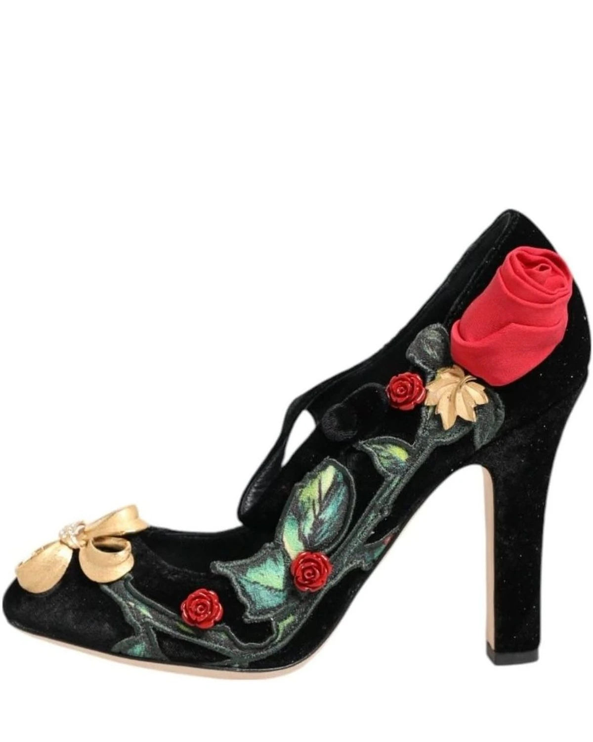 Dolce & Gabbana Black Roses Crystal Brooch Mary Jane Shoes Heels