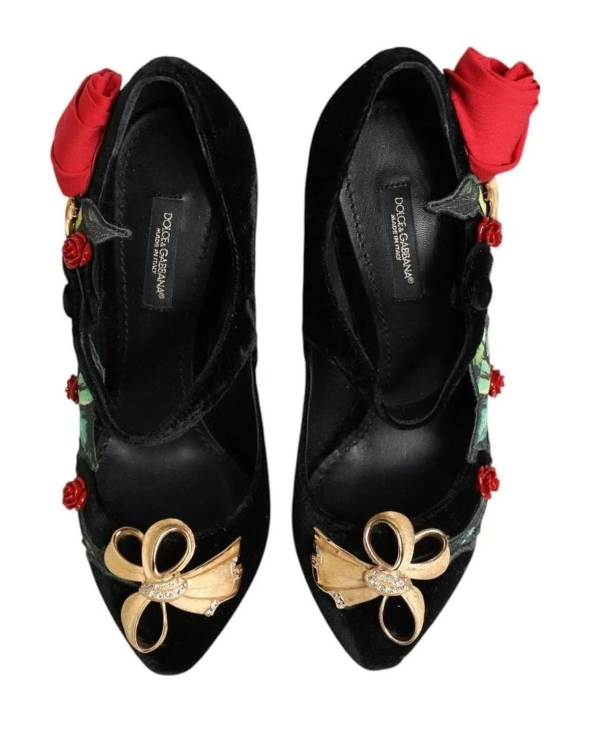 Dolce & Gabbana Black Roses Crystal Brooch Mary Jane Shoes Heels