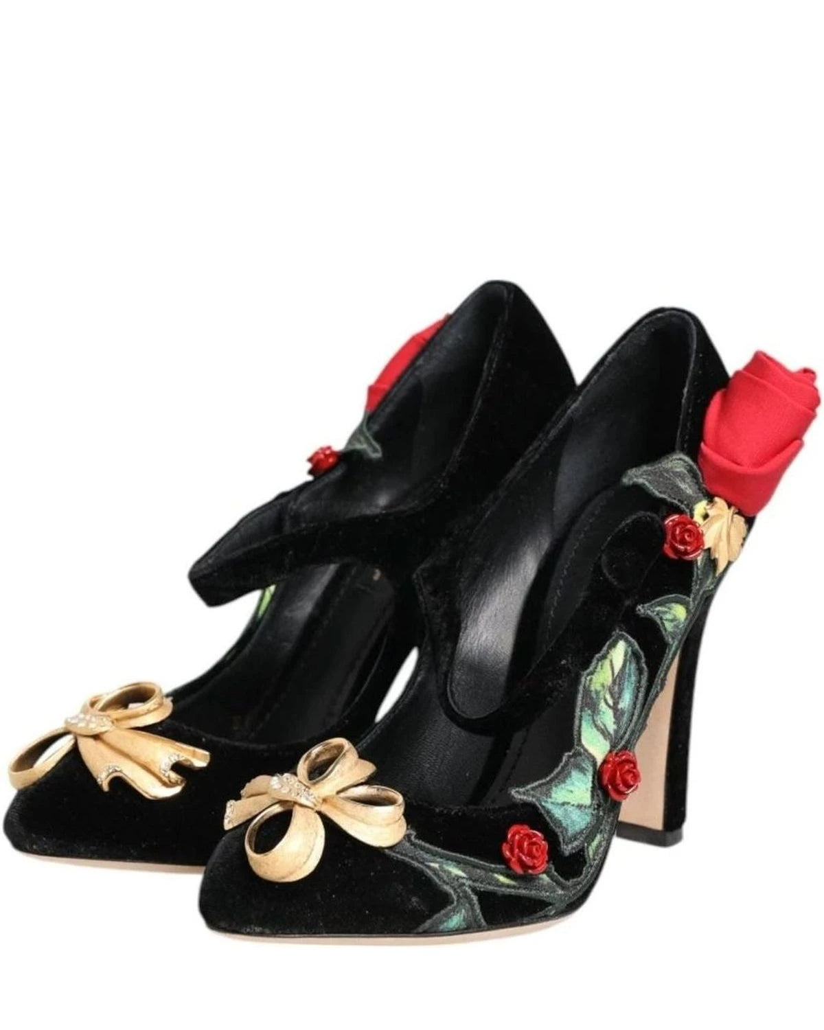 Dolce & Gabbana Black Roses Crystal Brooch Mary Jane Shoes Heels