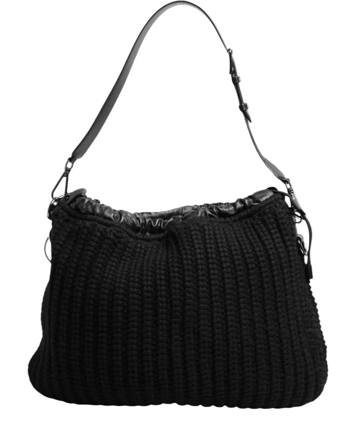 Dolce & Gabbana Black Leather Cashmere Knitted Shoulder Women Borse Bag Shoulder Bags