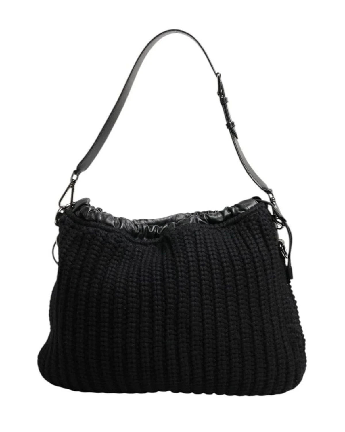 Dolce & Gabbana Black Leather Cashmere Knitted Shoulder Women Borse Bag Shoulder Bags