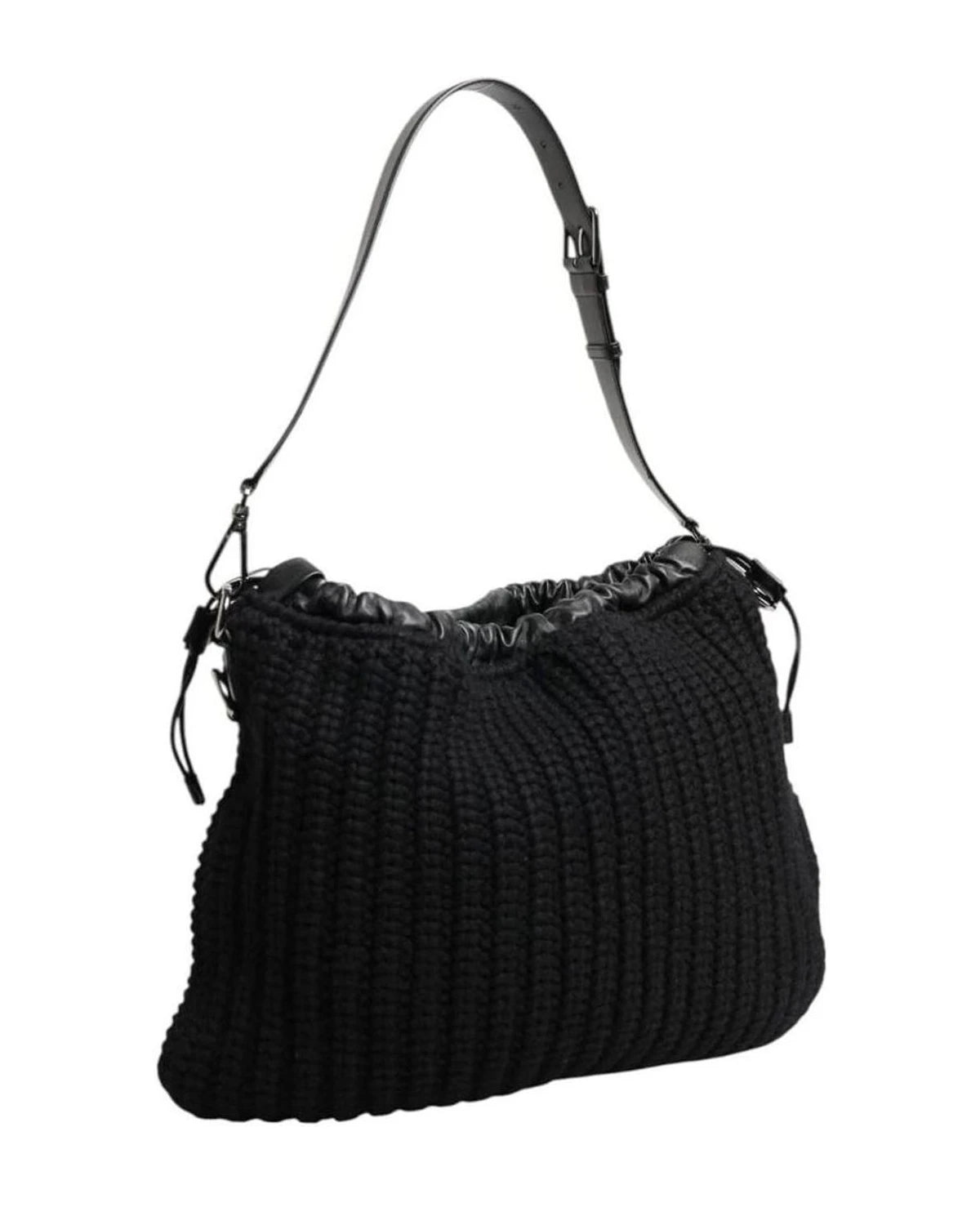 Dolce & Gabbana Black Leather Cashmere Knitted Shoulder Women Borse Bag Shoulder Bags