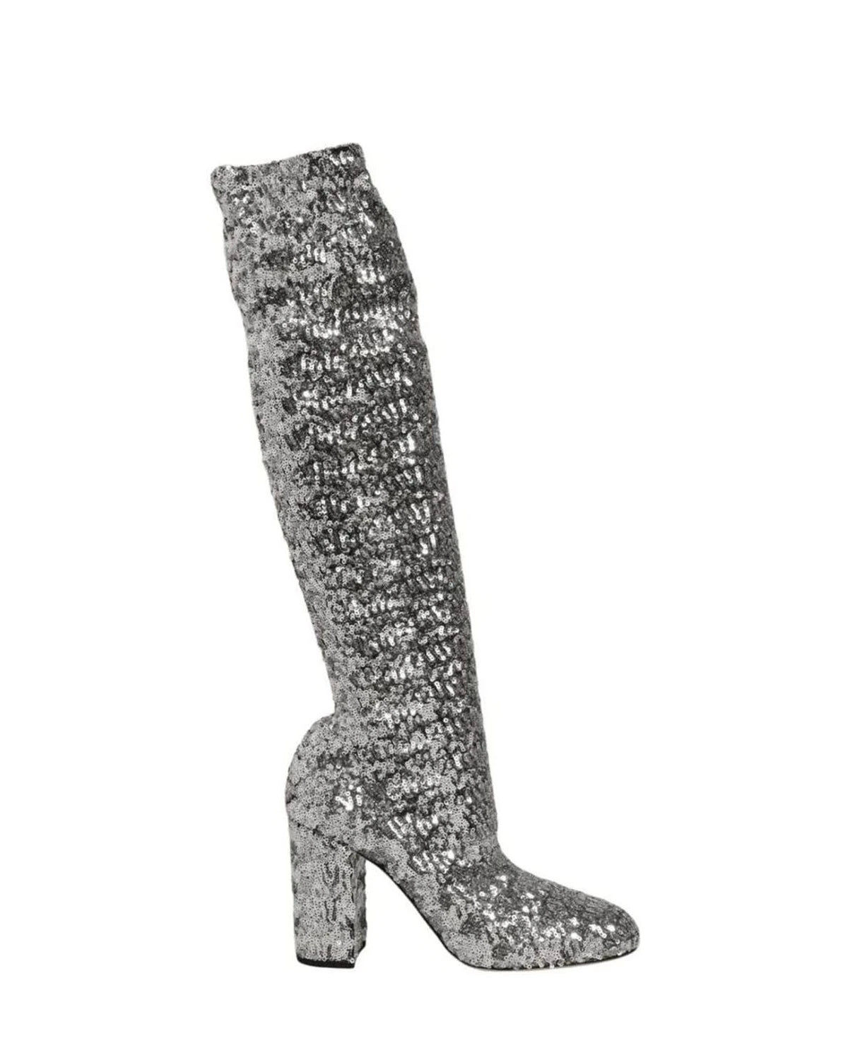 Dolce & Gabbana Silver Shoes Sequins Glitter High Heel Boot Boots