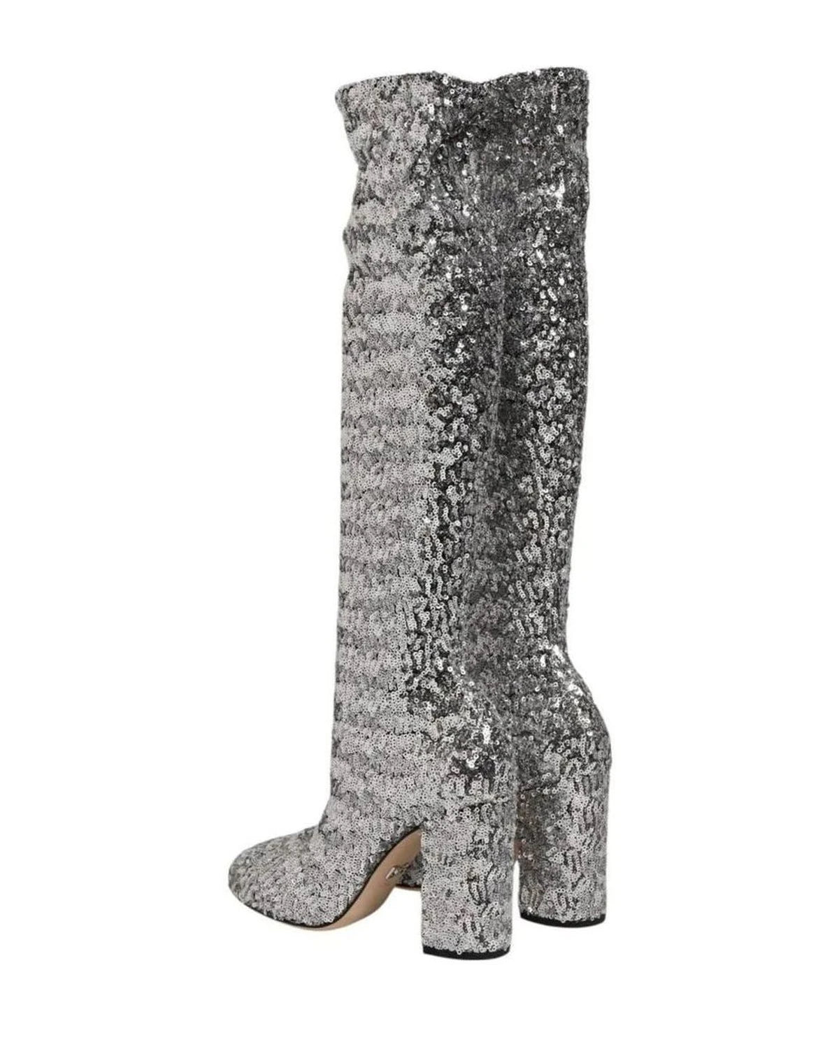 Dolce & Gabbana Silver Shoes Sequins Glitter High Heel Boot Boots