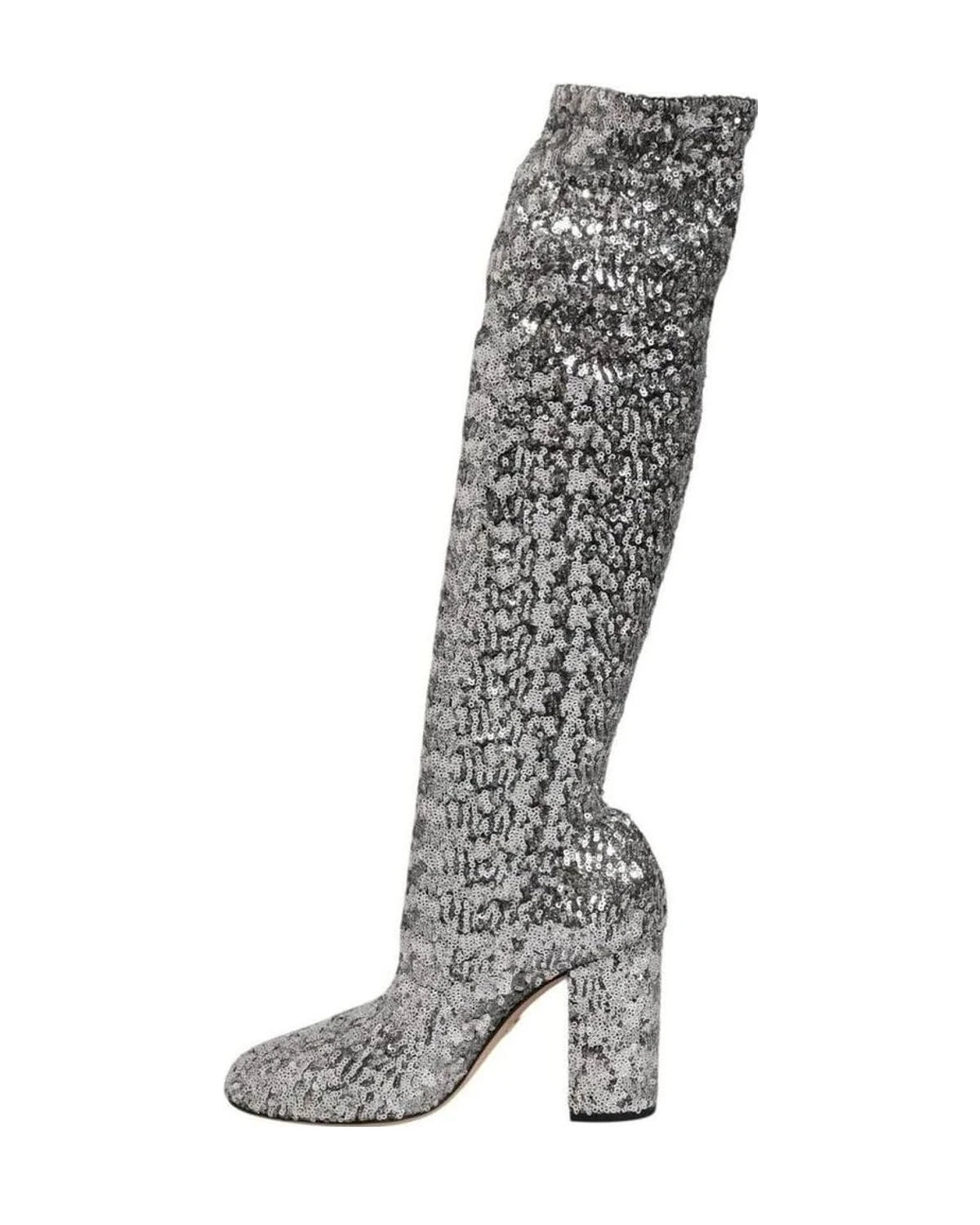 Dolce & Gabbana Silver Shoes Sequins Glitter High Heel Boot Boots