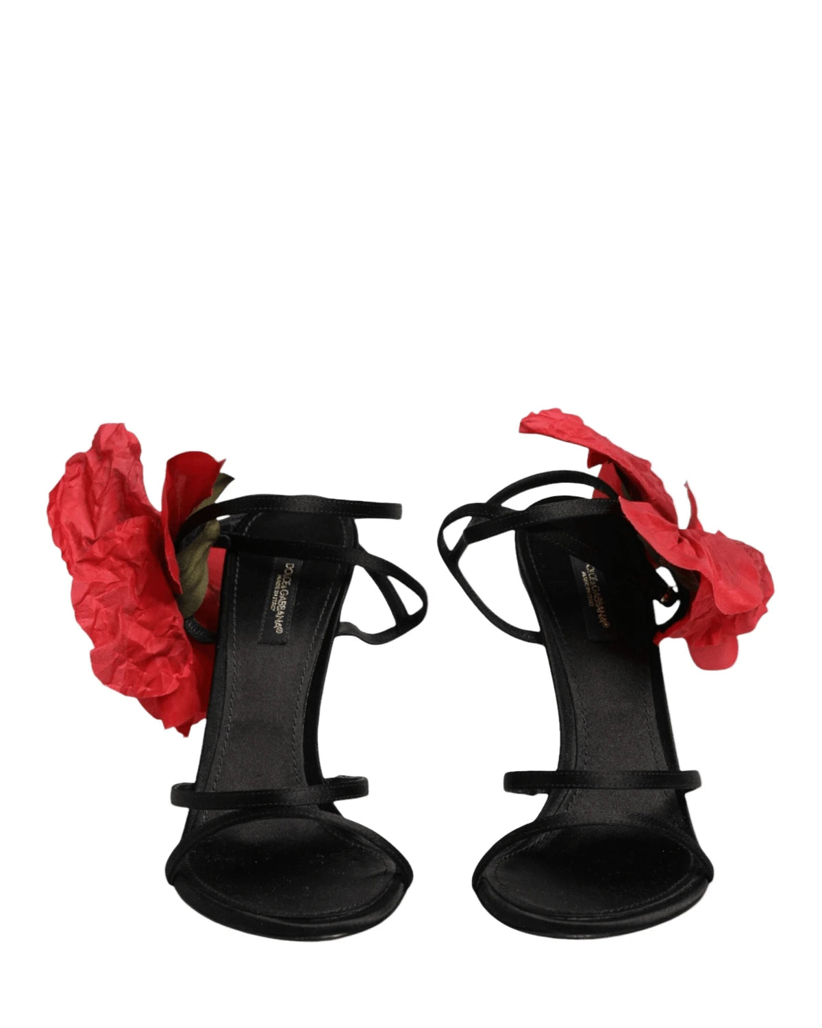Dolce & Gabbana Black Leather Strappy Flower Heels Sandals Shoes Heels