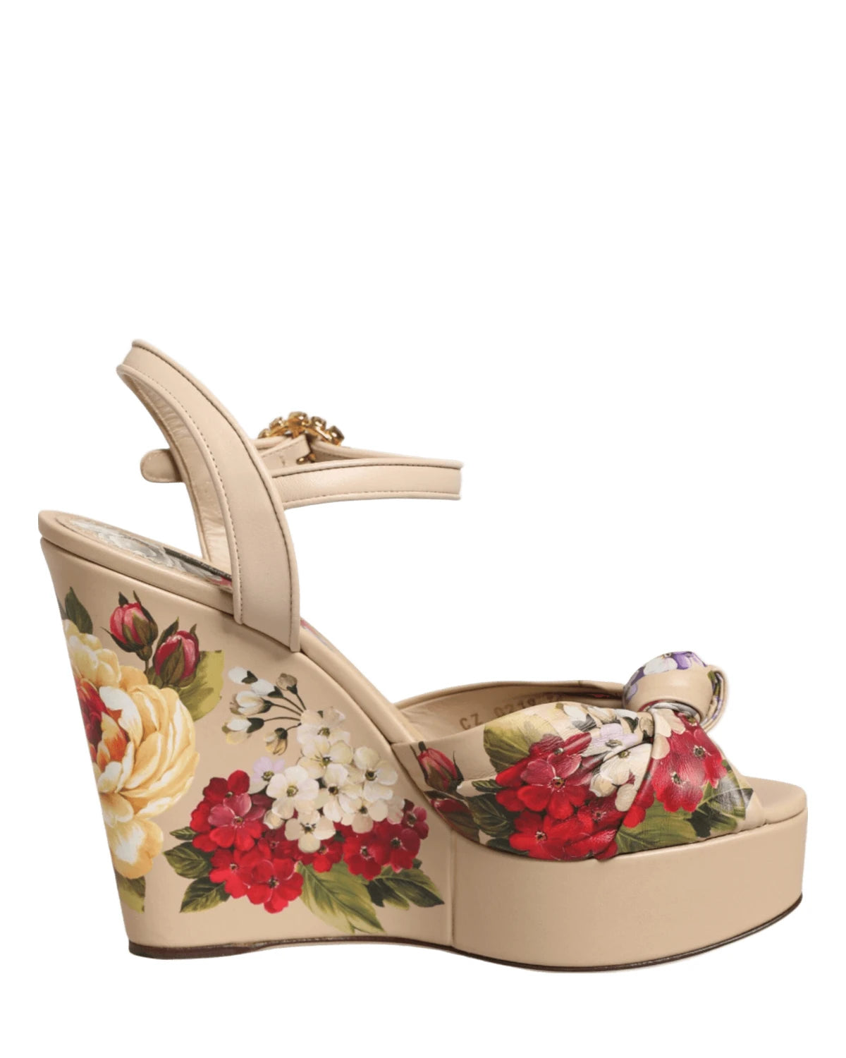 Dolce & Gabbana Beige Floral Ankle Strap Wedge Sandals Shoes Sandals