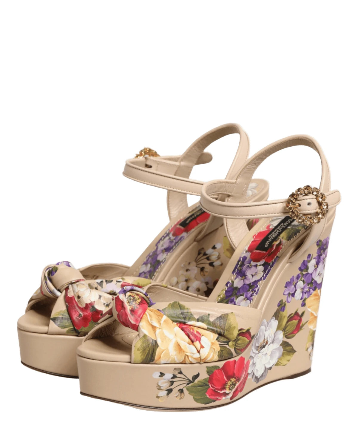 Dolce & Gabbana Beige Floral Ankle Strap Wedge Sandals Shoes Sandals