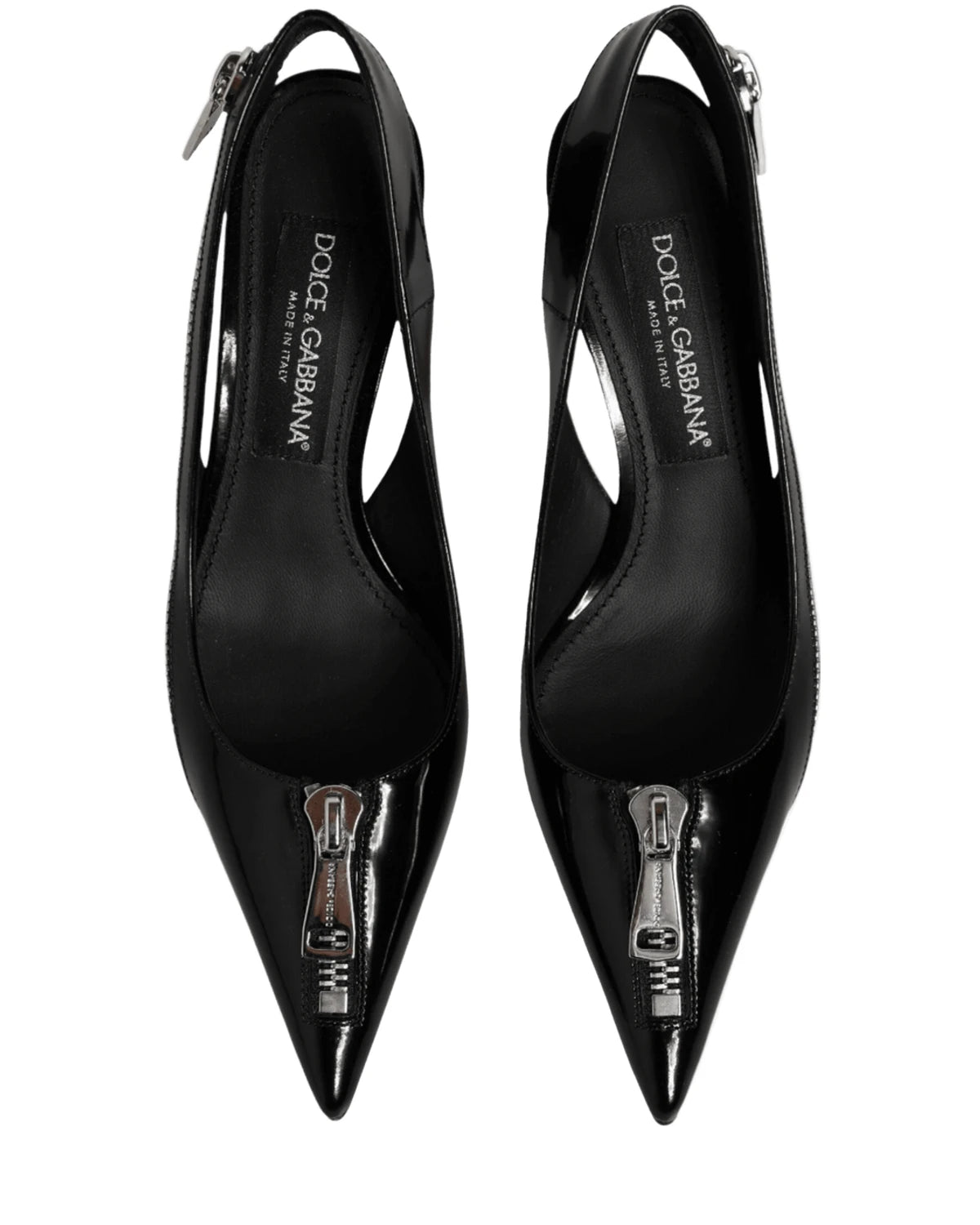 Dolce & Gabbana Black Leather Zipper Heels Slingbacks Shoes Heels