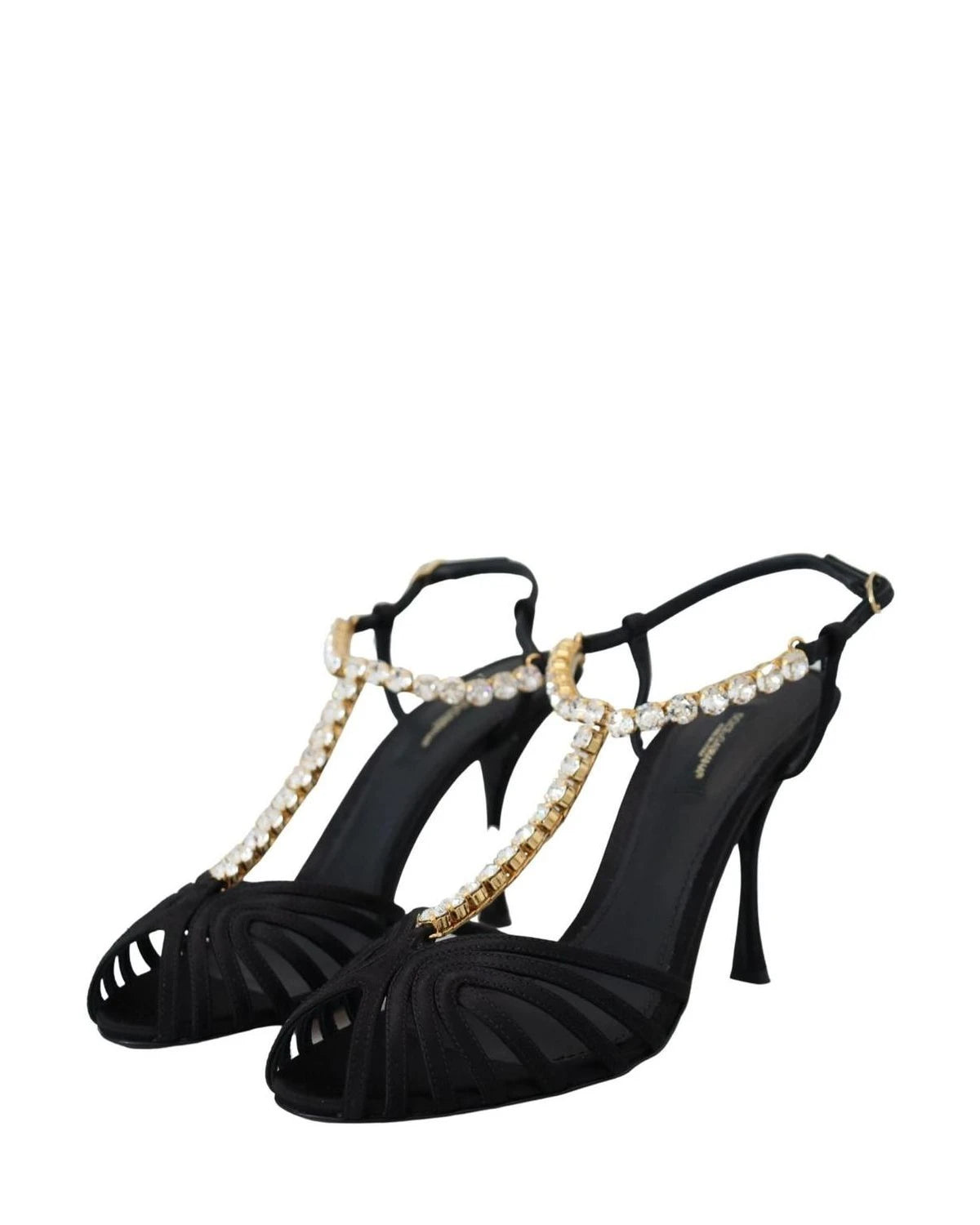 Dolce & Gabbana Black Satin Clear Crystal T Strap Sandals Heels