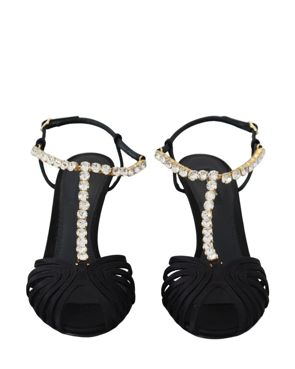 Dolce & Gabbana Black Satin Clear Crystal T Strap Sandals Heels