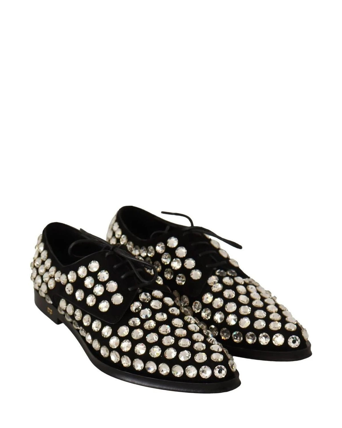 Dolce & Gabbana Black Leather Crystals Lace Up Formal Shoes Flats