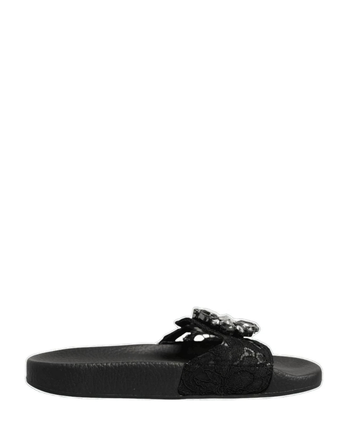 Dolce & Gabbana Black Leather Devotion Matelassé Slides Shoes Sandals