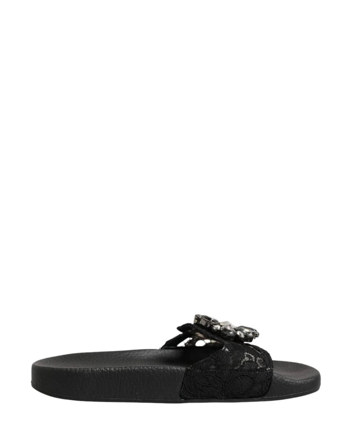 Dolce & Gabbana Black Leather Devotion Matelassé Slides Shoes Sandals