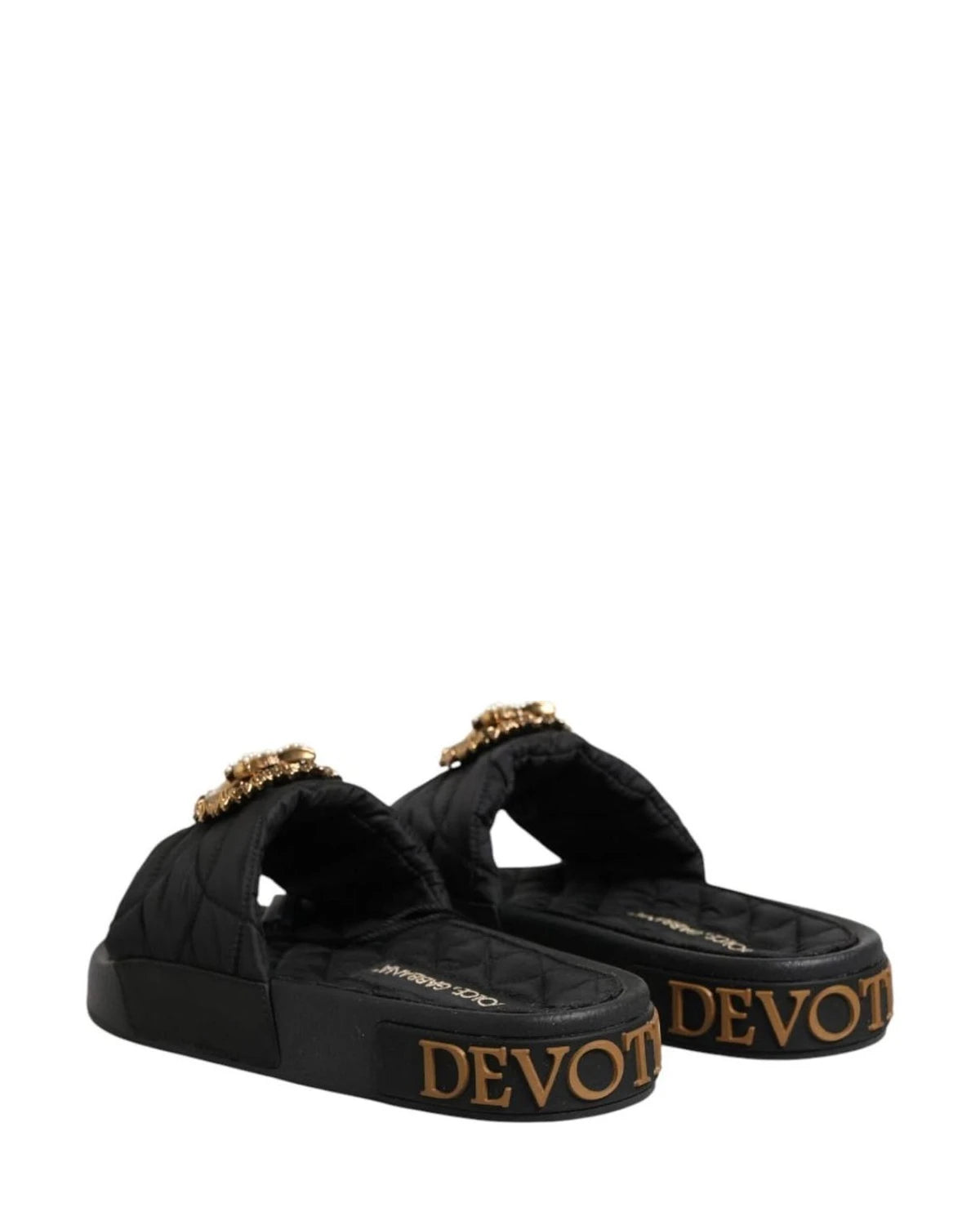 Dolce & Gabbana Black Leather Devotion Matelassé Slides Shoes Sandals