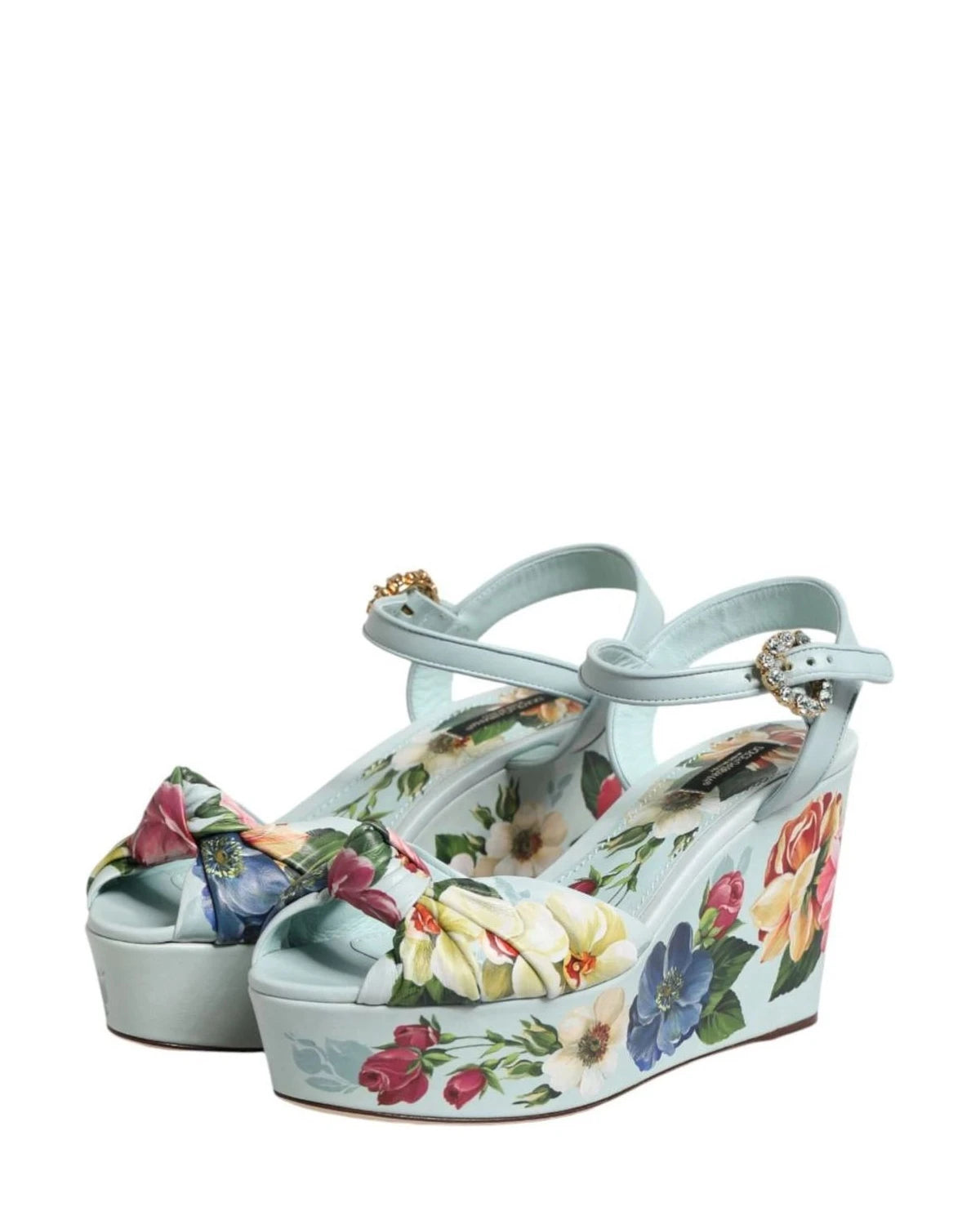 Dolce & Gabbana Green Floral Ankle Strap Wedge Heels