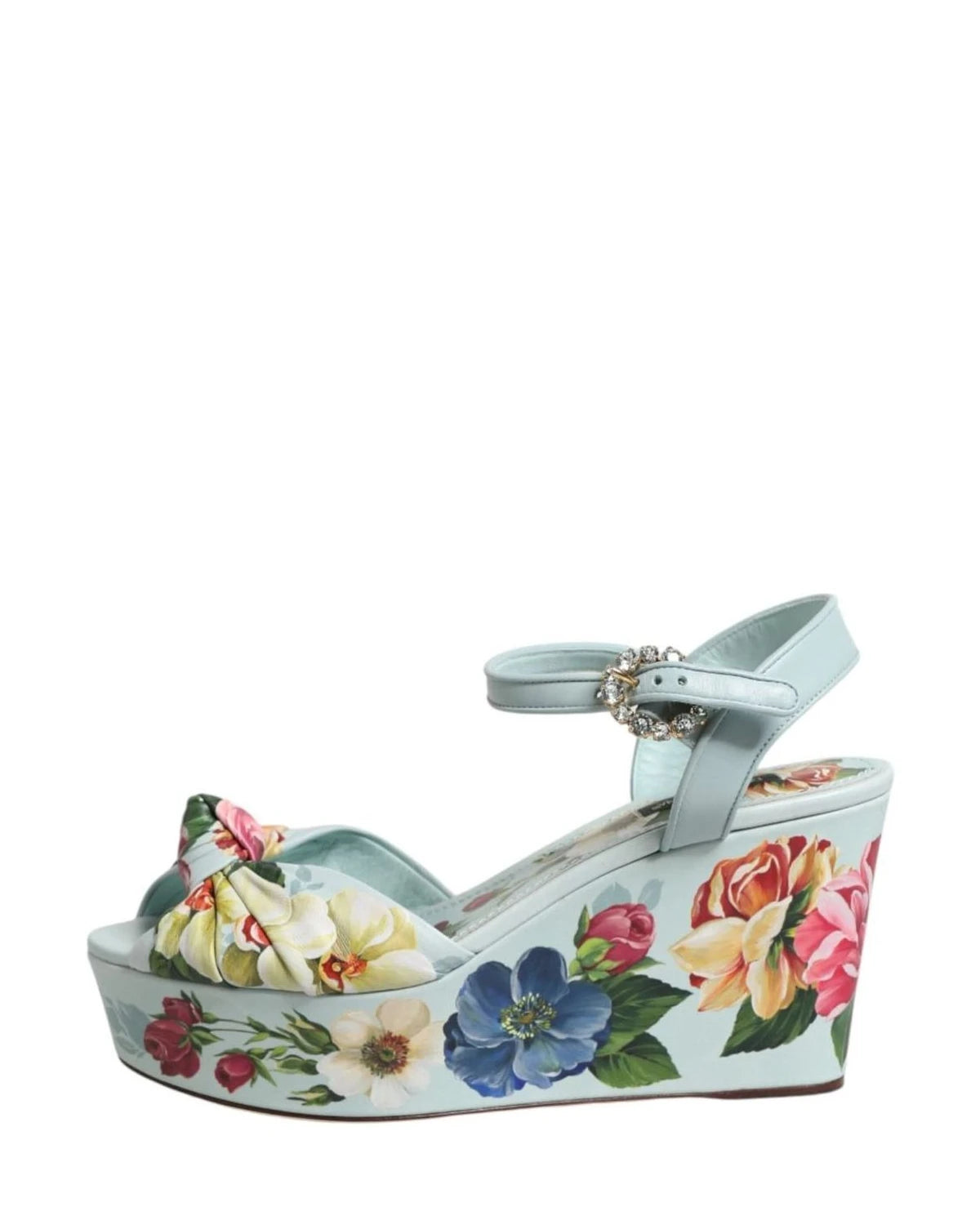 Dolce & Gabbana Green Floral Ankle Strap Wedge Heels