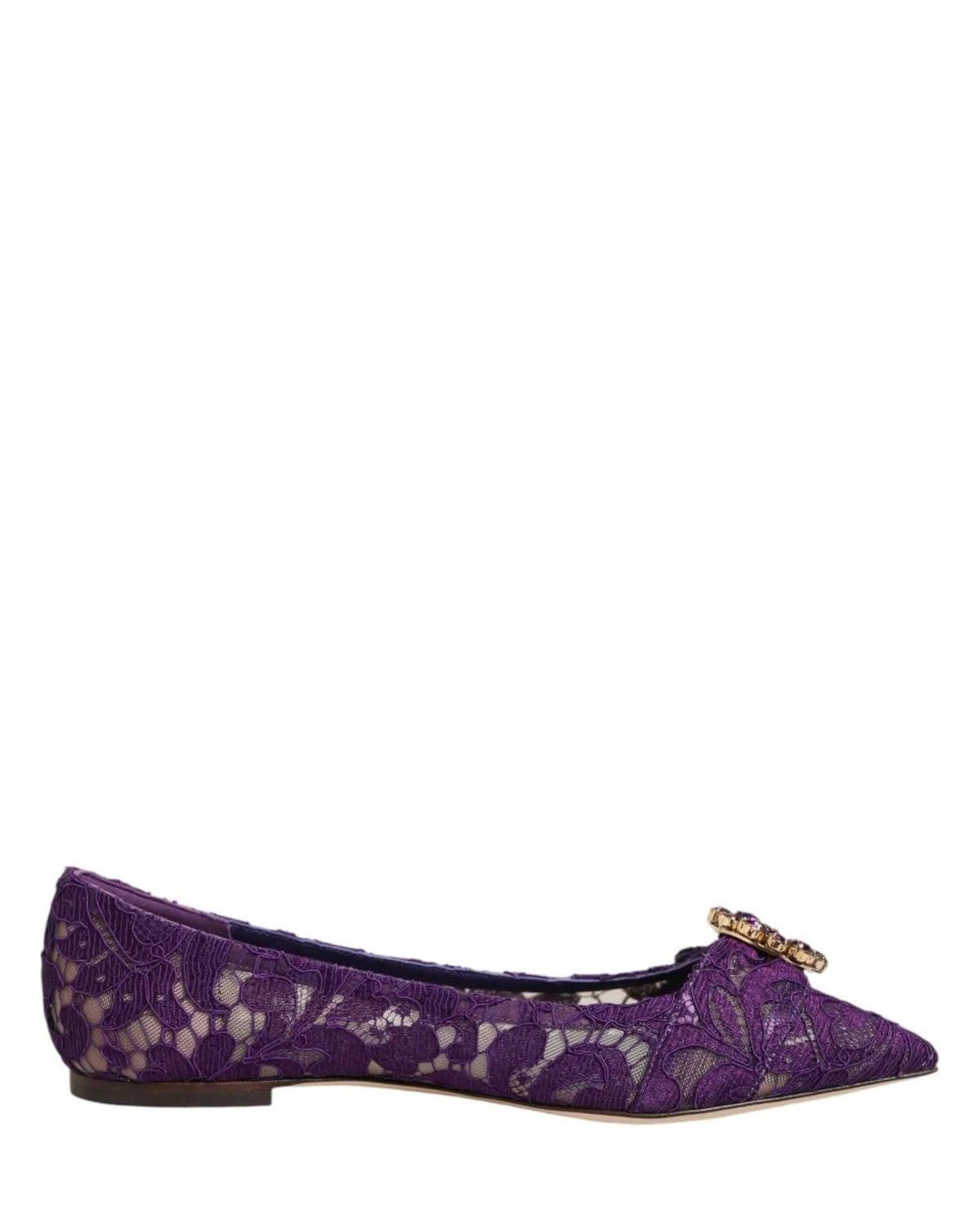 Dolce & Gabbana Purple Lace Taormina Crystals Flats Shoes Flats