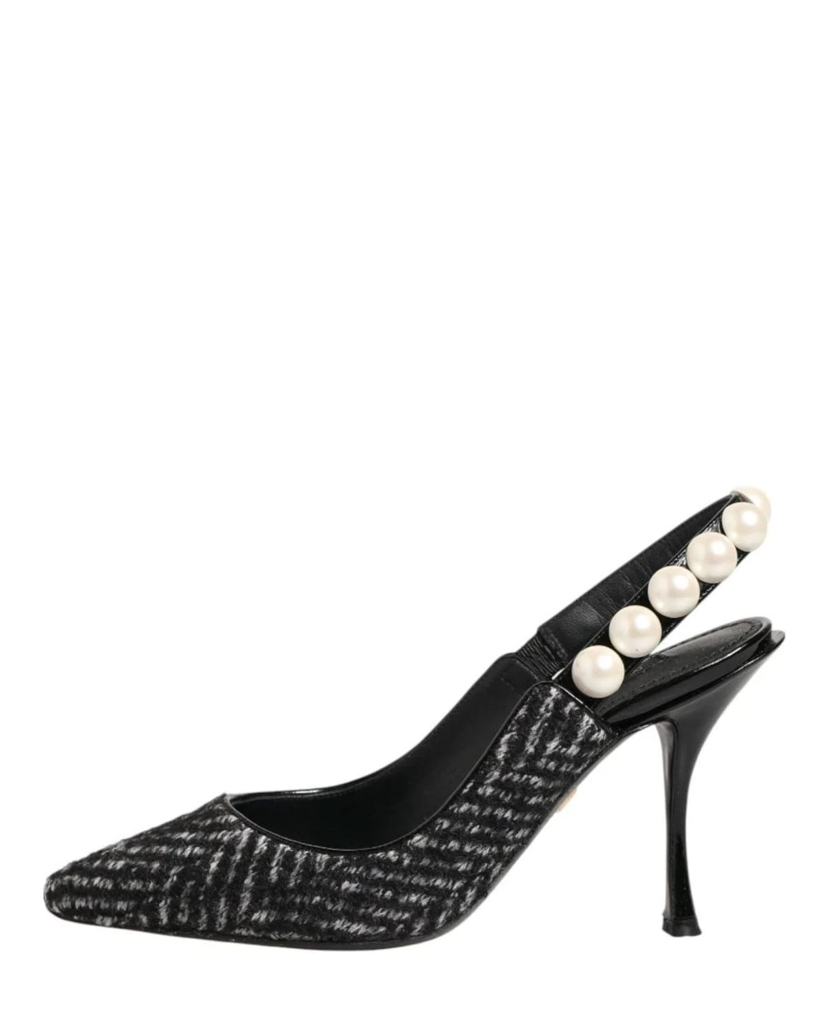 Dolce & Gabbana Black White Chevron Faux Pearl Slingbacks Shoes Heels