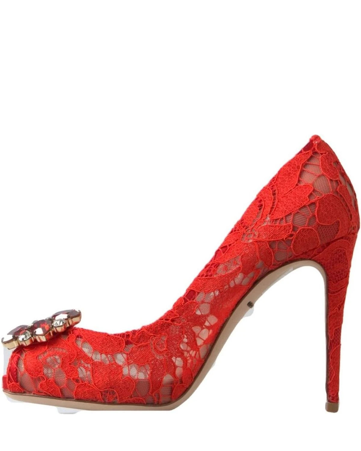 Dolce & Gabbana Red Lace Taormina Crystal Heels Pumps Shoes Heels