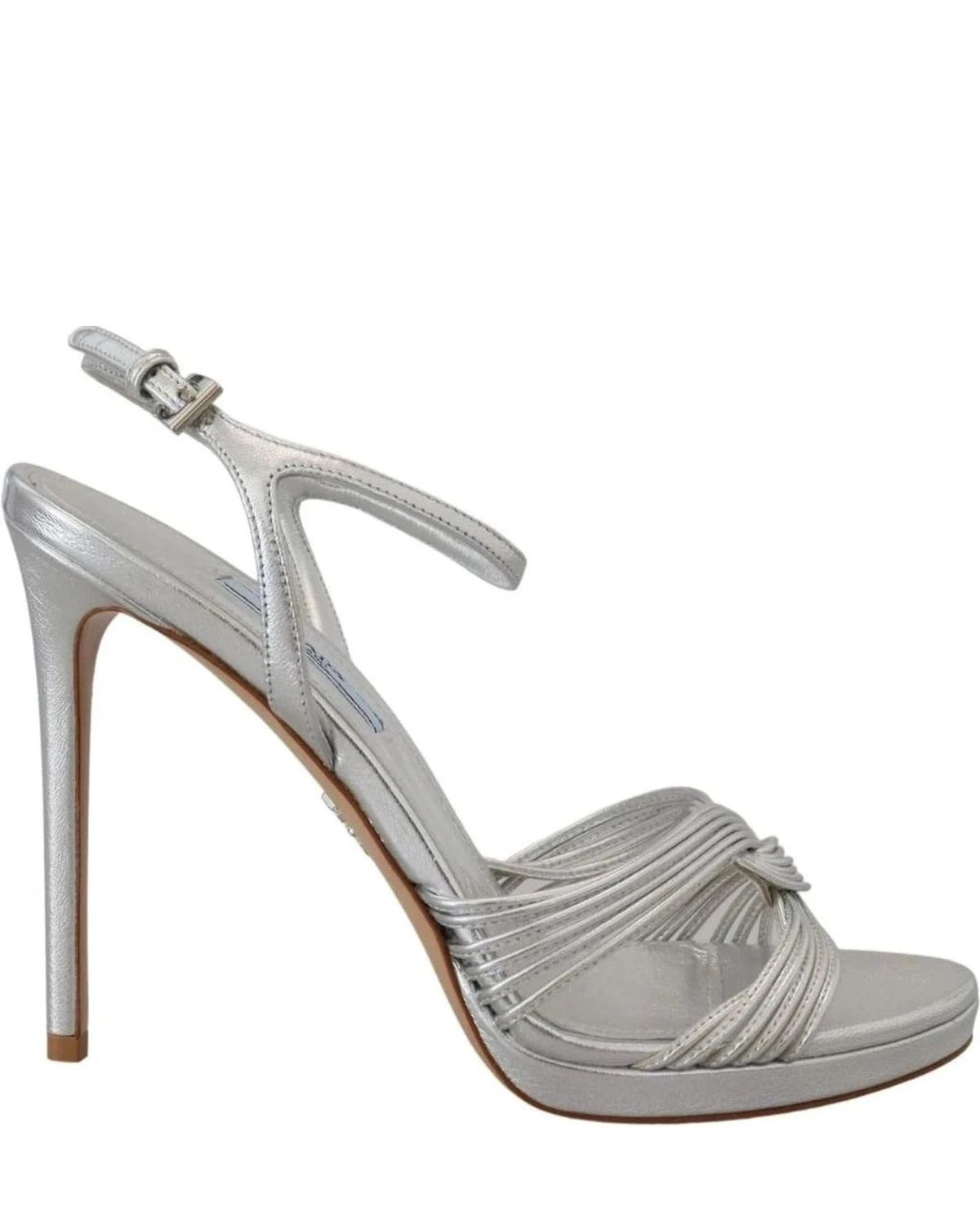 Prada Silver Leather Sandals Ankle Strap Heels Heels