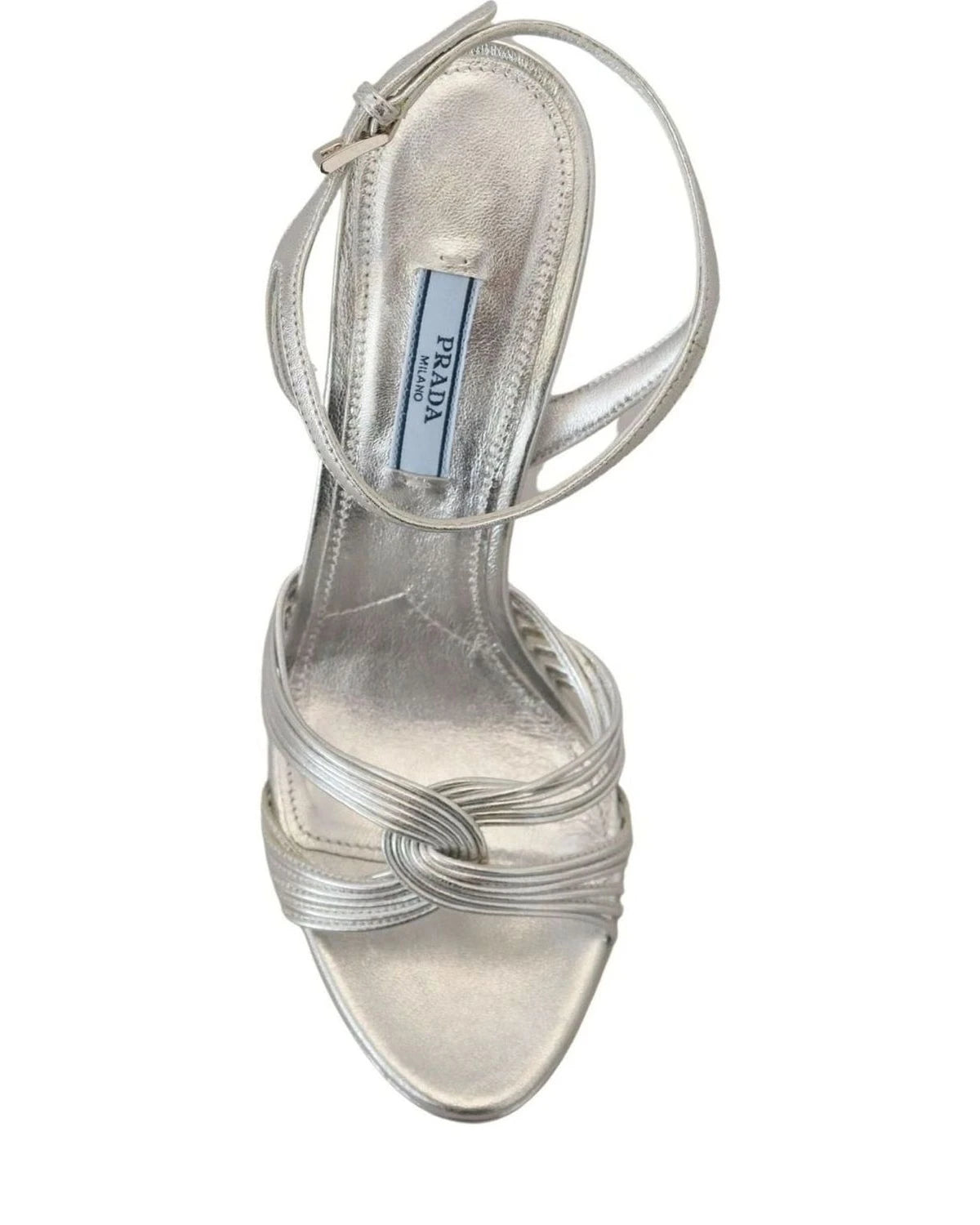 Prada Silver Leather Sandals Ankle Strap Heels Heels