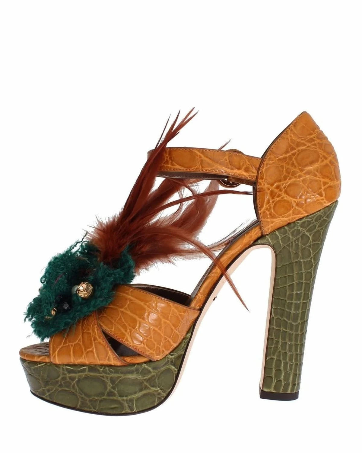 Dolce & Gabbana Orange Leather Crystal Platform Sandals Heels