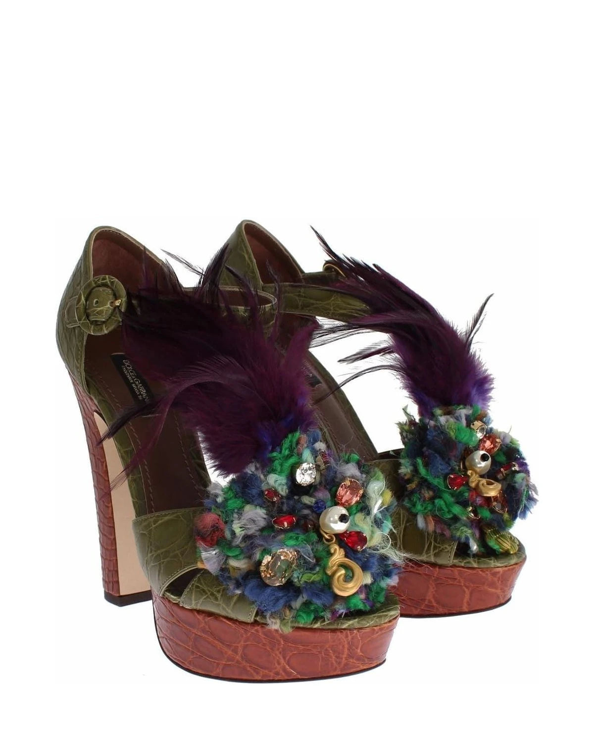Dolce & Gabbana Green Leather Crystal Platform Sandals Heels