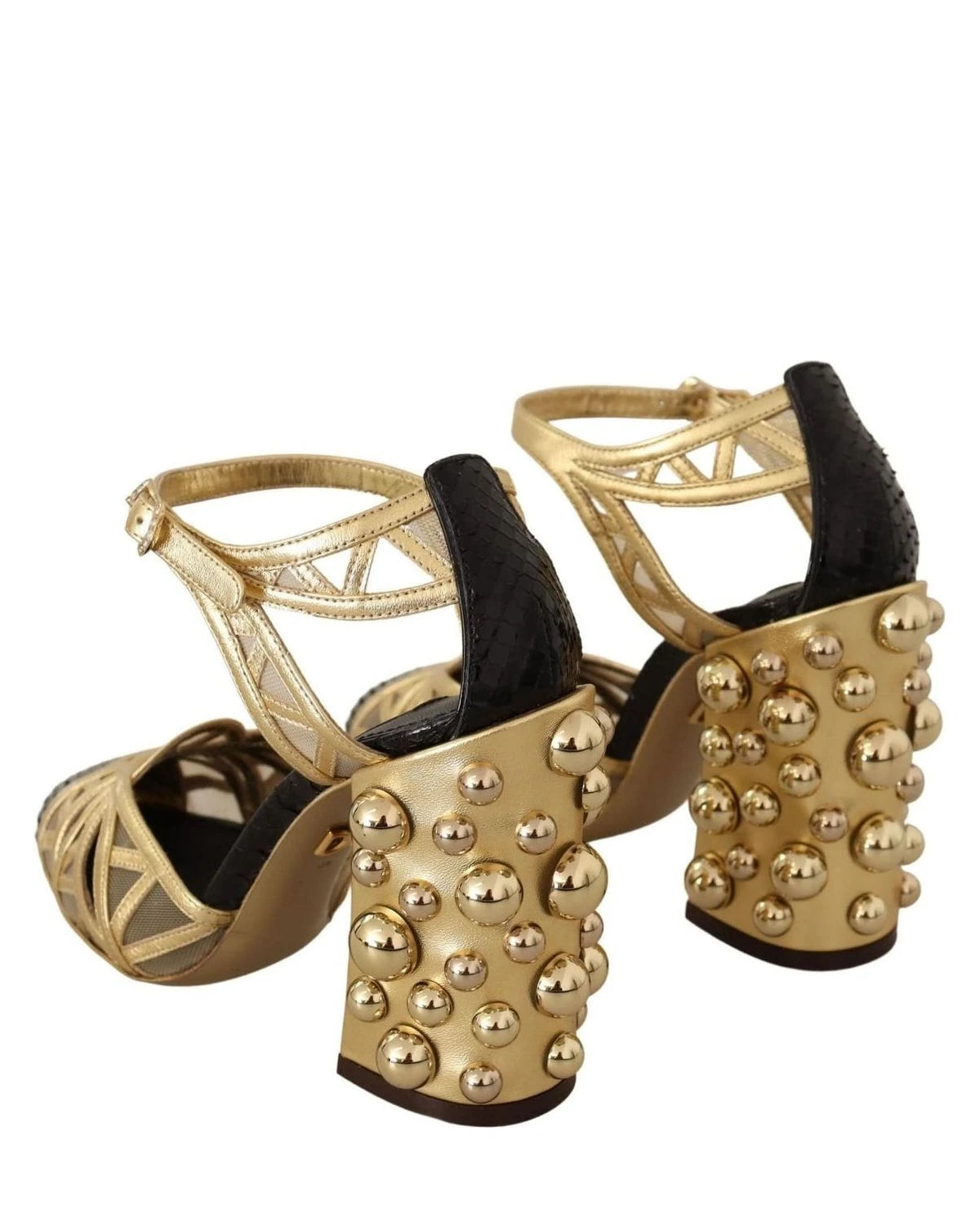Dolce & Gabbana Gold Leather Studded Ankle Straps Shoes Heels