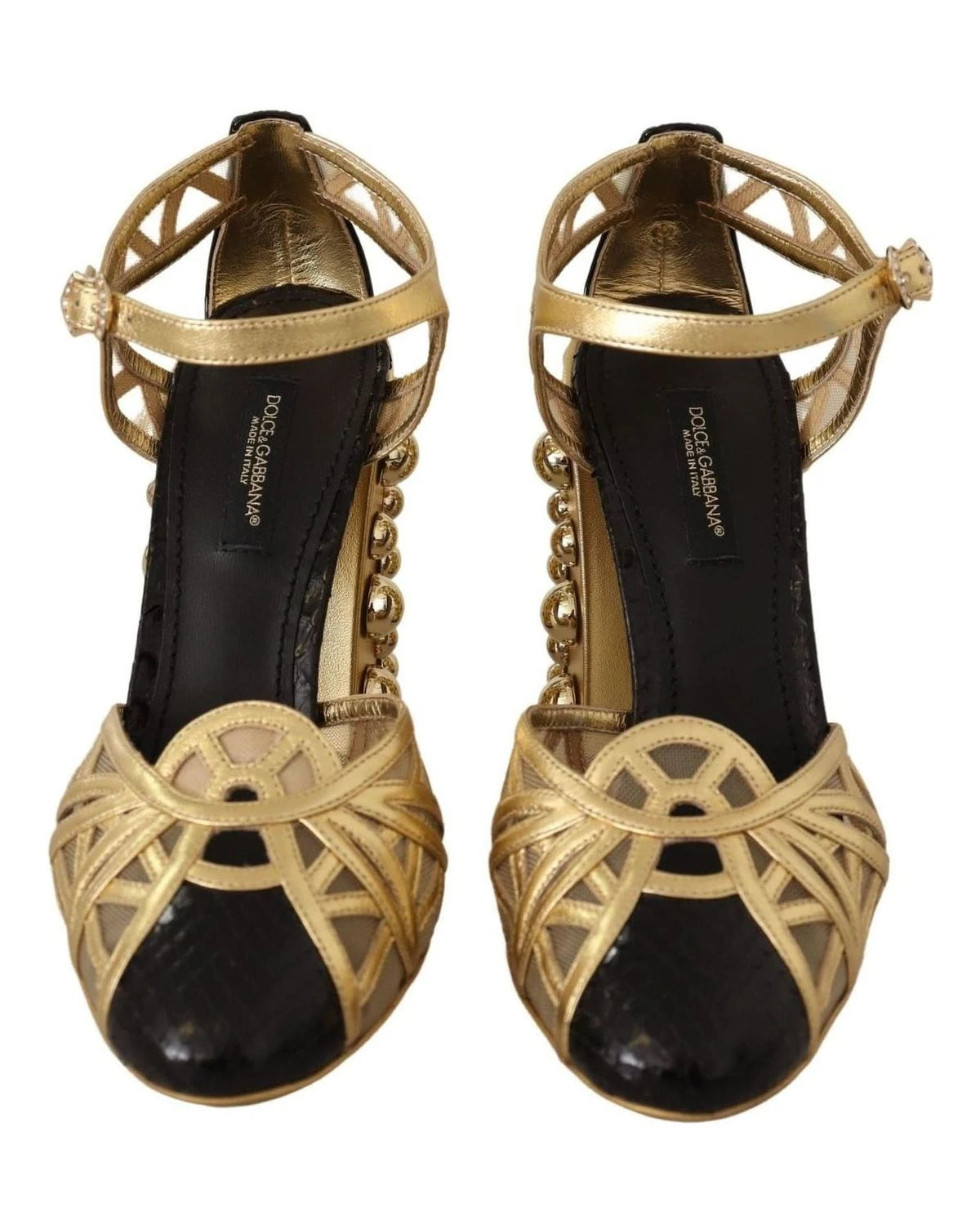 Dolce & Gabbana Gold Leather Studded Ankle Straps Shoes Heels