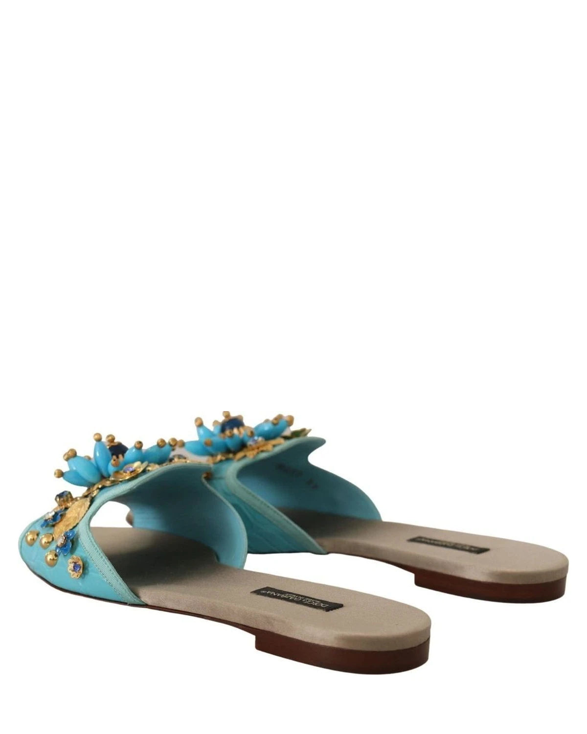 Dolce & Gabbana Blue Leather Crystal Exotic Sandals Flats