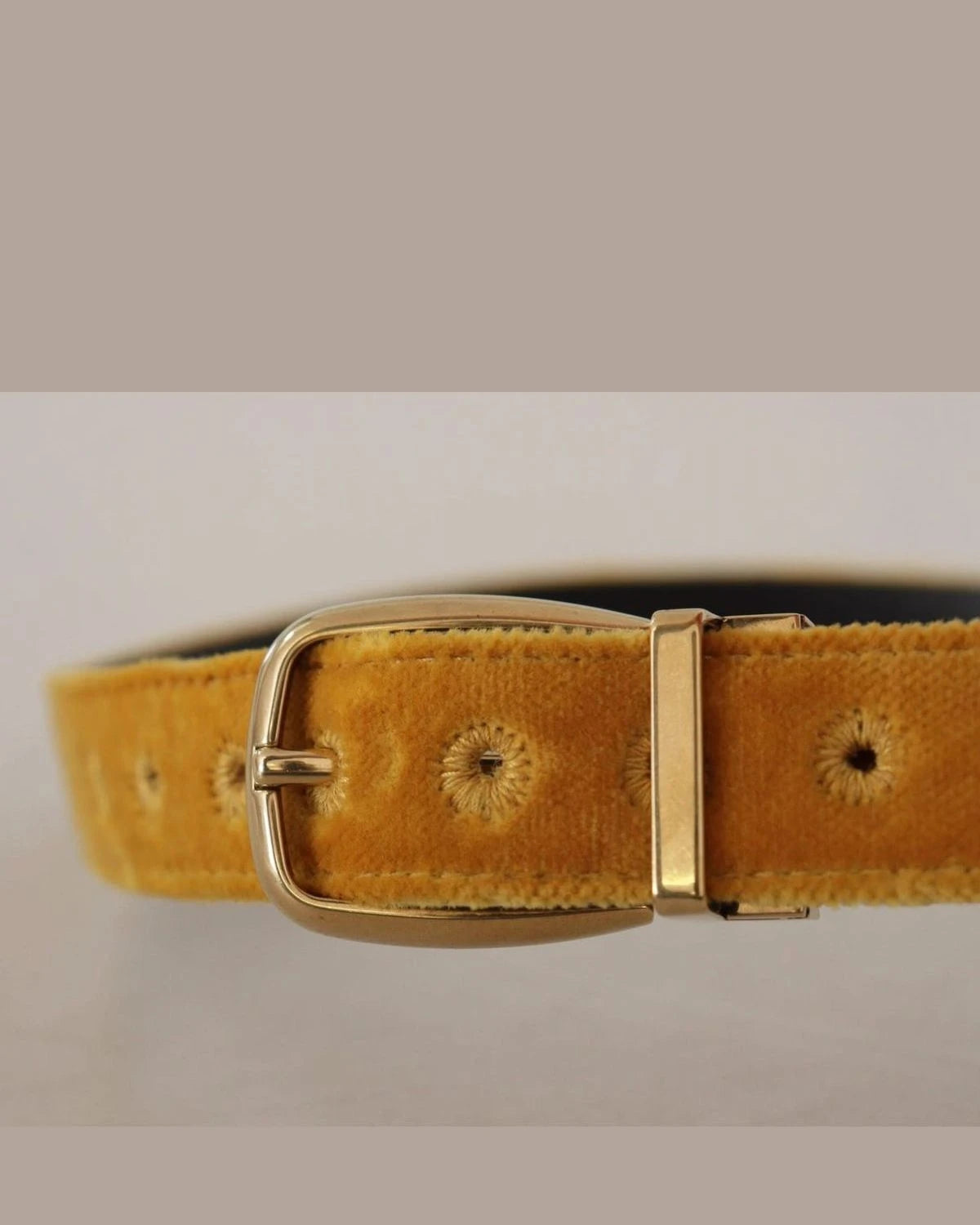 Dolce & Gabbana Gold Velvet Mustard Logo Engraved Metal Buckle Belt Belts